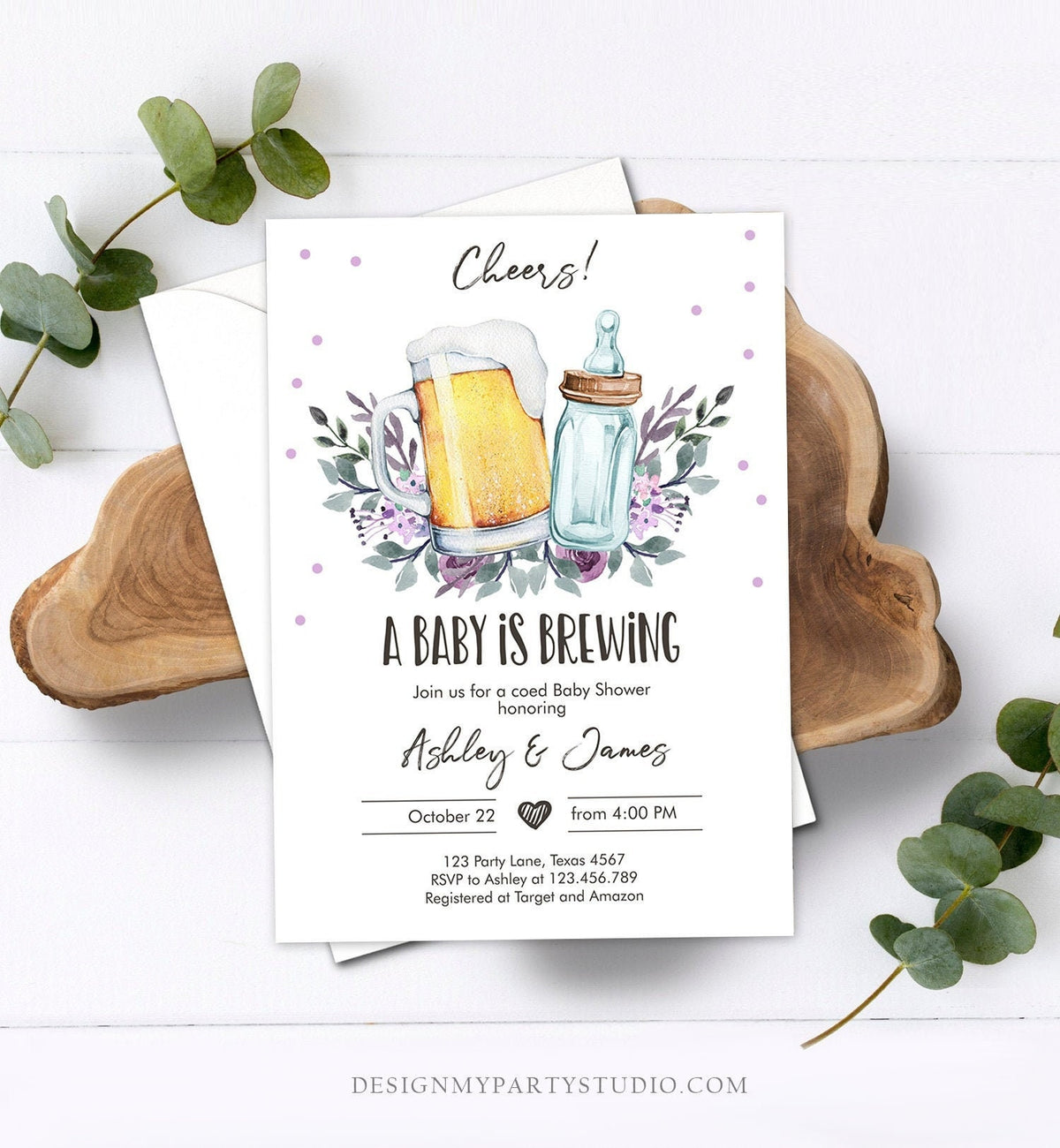 Editable A Baby is Brewing Invitation Bottle and Beers Baby Shower Cheers Coed Couples Shower Purple Download Printable Template Corjl 0190