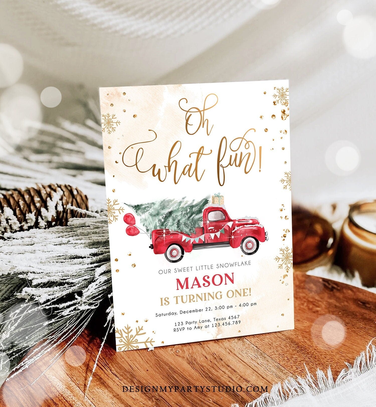 Editable Oh What Fun! Holiday 1st Winter Birthday Invitation Winter Truck Boy Christmas Party Red Truck Gold Printable Template DIY 0495