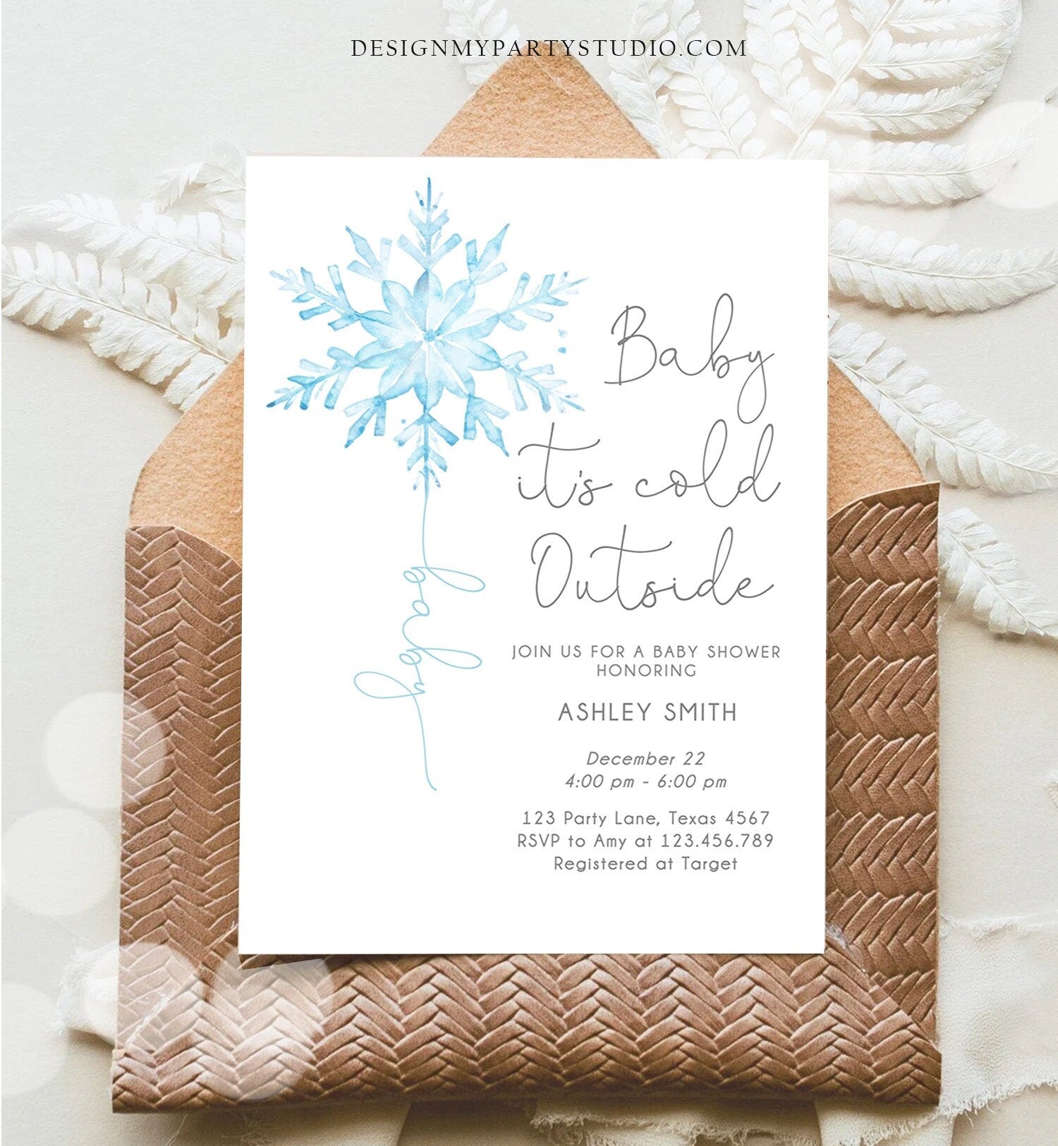 Editable Baby Its Cold Outside Baby Shower Invitation Winter Baby Shower Boy Little Snowflake Watercolor Blue Template Download Corjl 0494