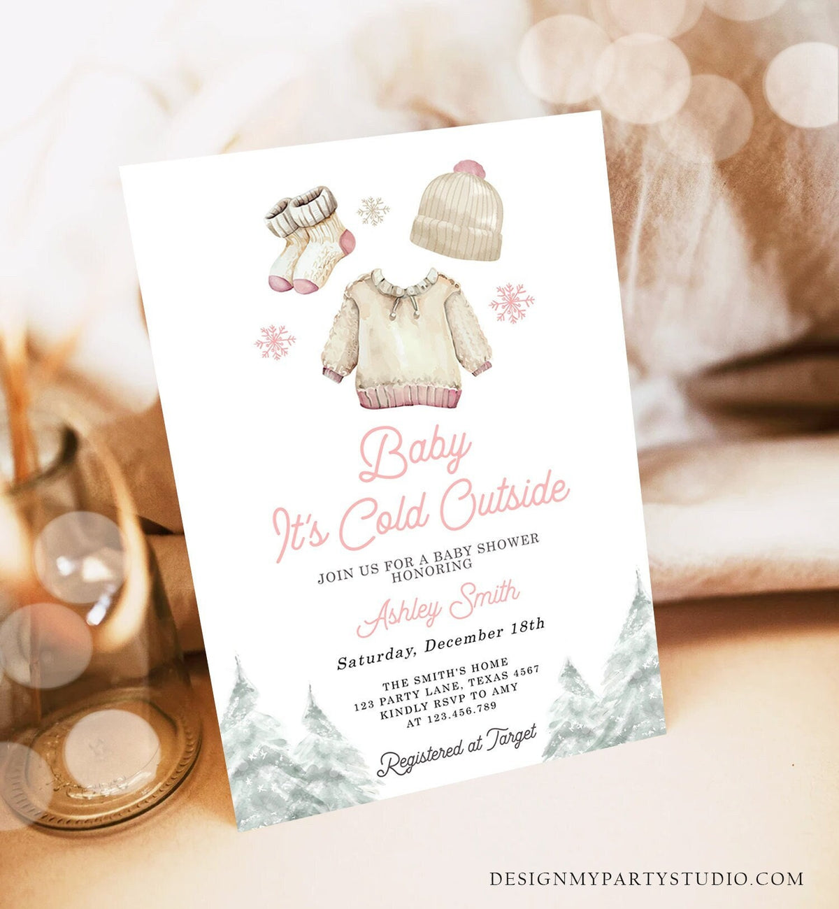 Editable Baby It&#39;s Cold Outside Invitation Winter Baby Shower Girl Christmas Pink Baby Clothes Watercolor Template Download Corjl 0491