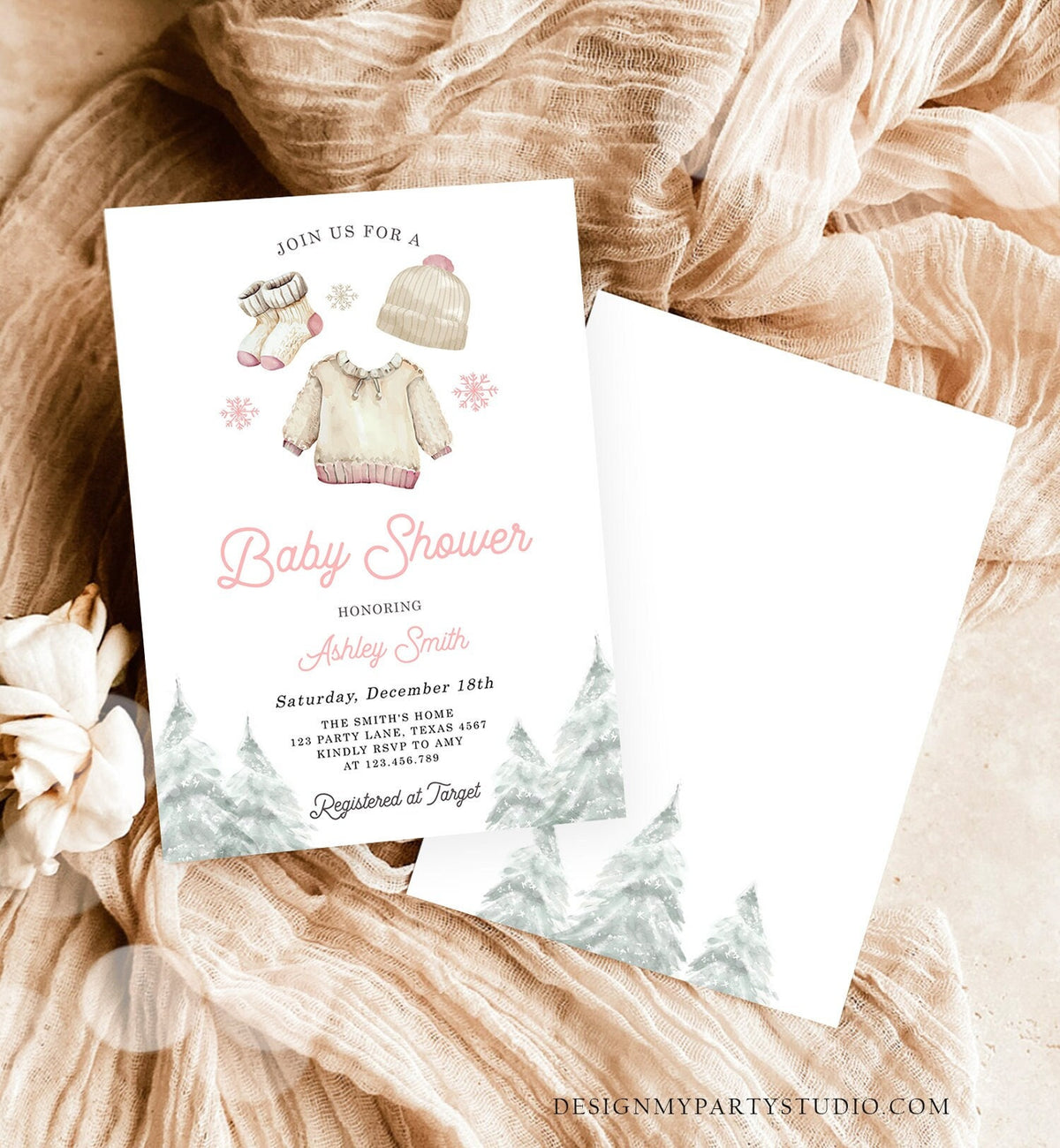 Editable Winter Baby Shower Girl Baby It&#39;s Cold Outside Invitation Christmas Pink Baby Clothes Watercolor Template Download Corjl 0491