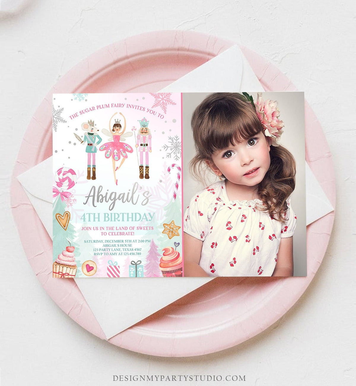 Editable Nutcracker Birthday Invitation Girl Land of Sweets Invite Winter Pink Girl Sugar Plum Fairy Download Printable Template Corjl 0352