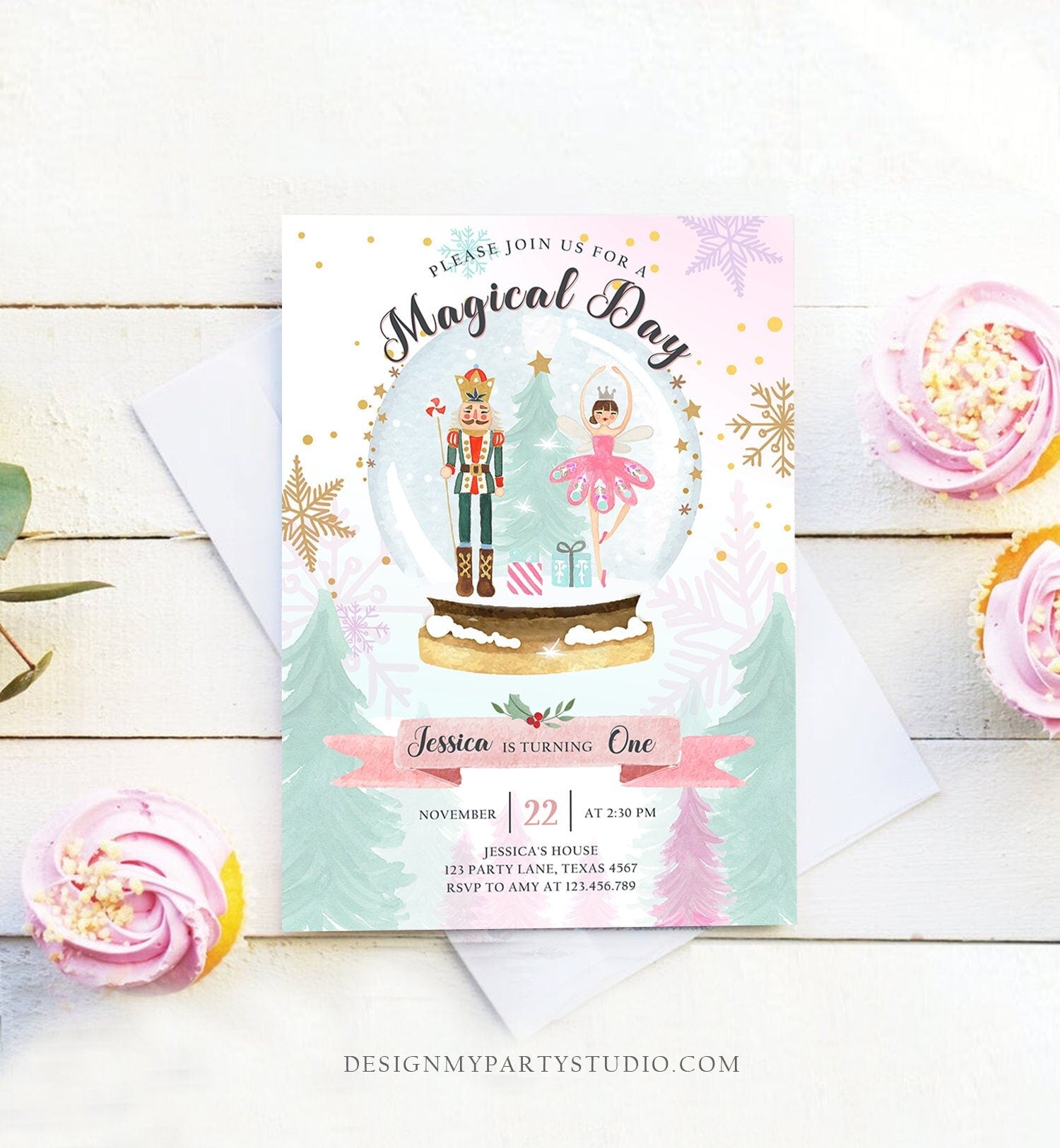 Editable Nutcracker Birthday Invitation Girl Land of Sweets Invite Winter Pink Girl Sugar Plum Fairy Download Printable Template Corjl 0352