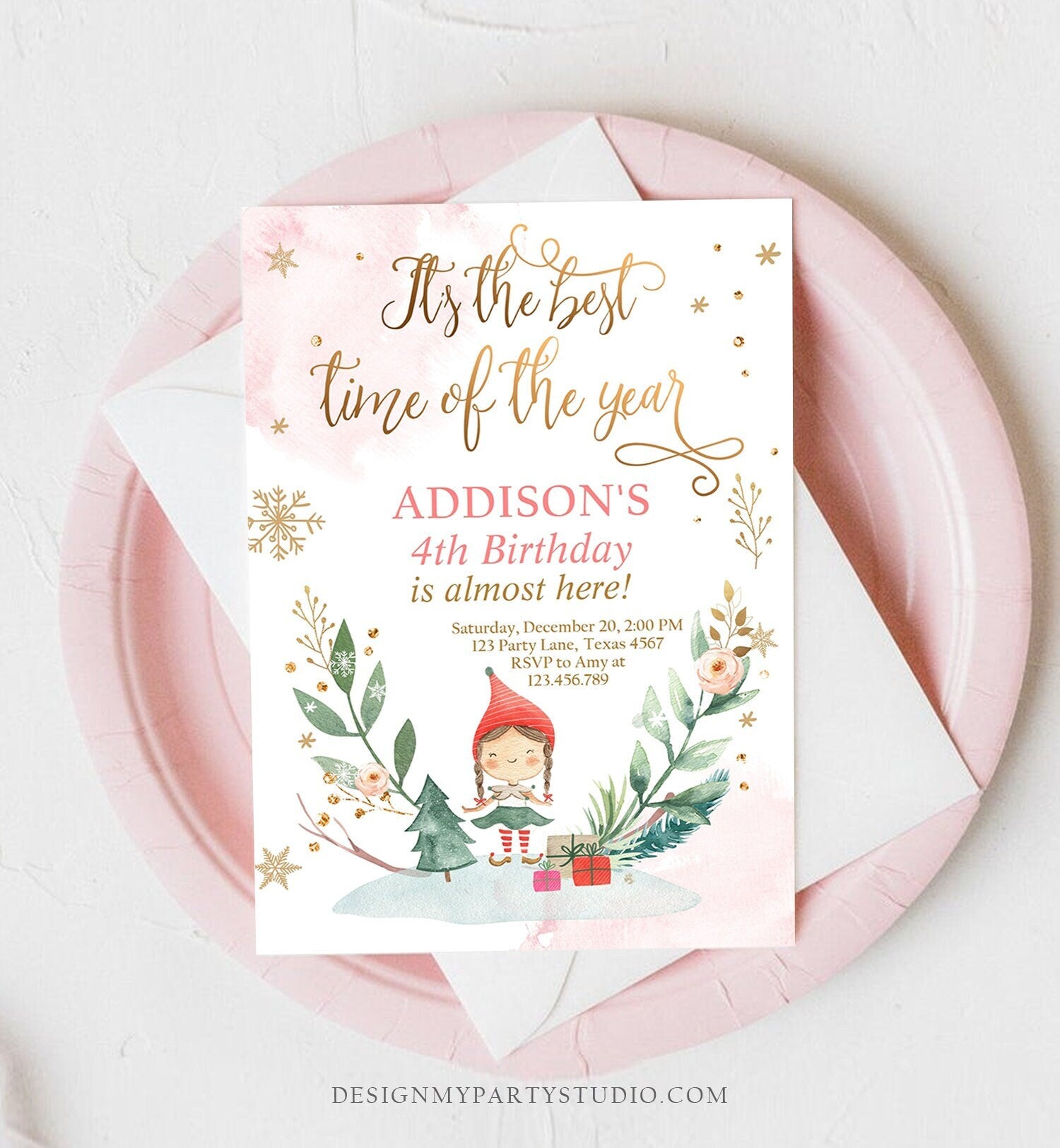 Editable Christmas Birthday Party Invitation Elf Birthday Invite Winter Best Time of The Year Girl Pink Gold Printable Template DIY 0353