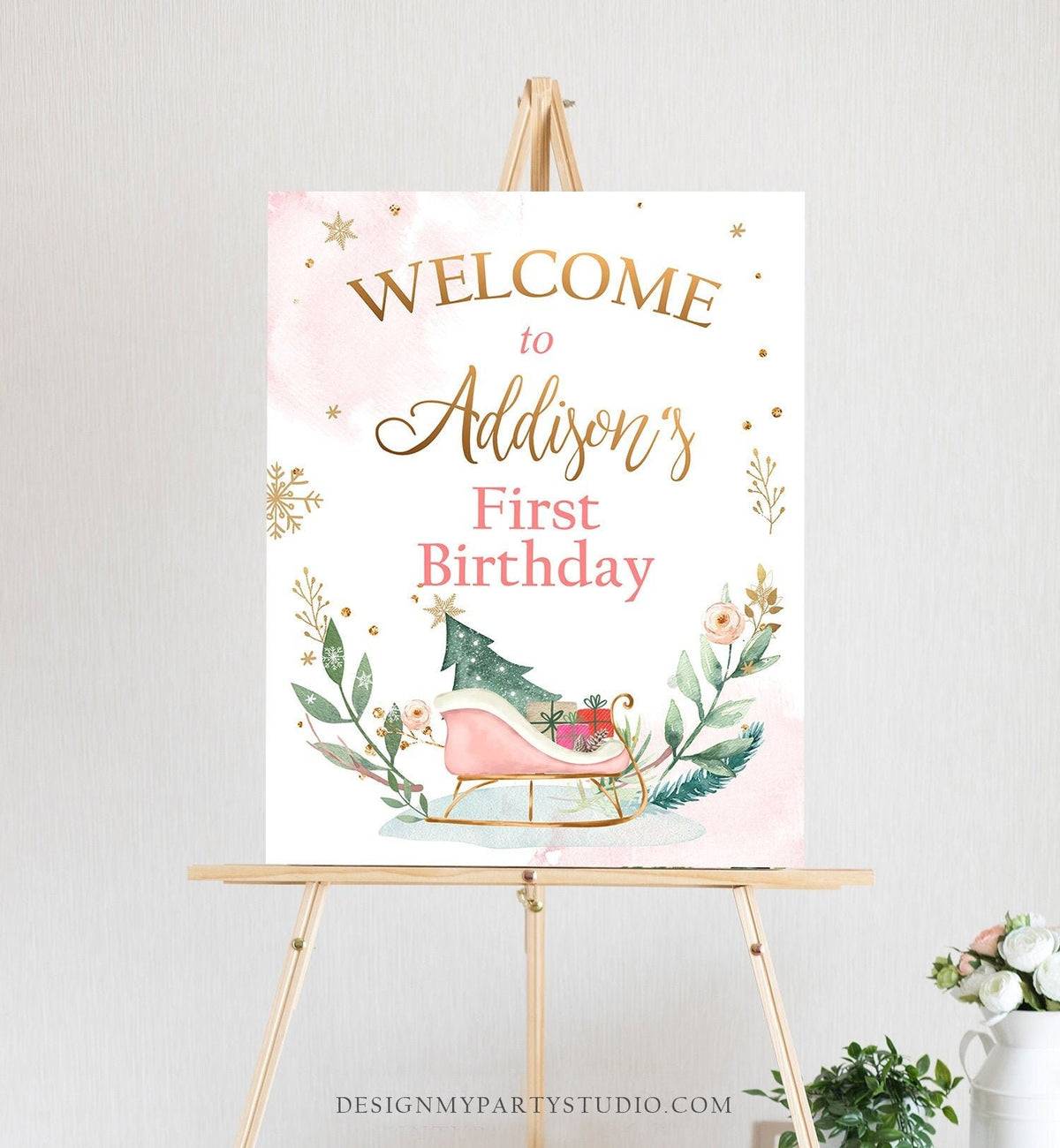 Editable Winter Birthday Welcome Sign Sleigh Oh What Fun Welcome Girl Pink Gold Christmas Party Holiday Sign Template PRINTABLE Corjl 0353