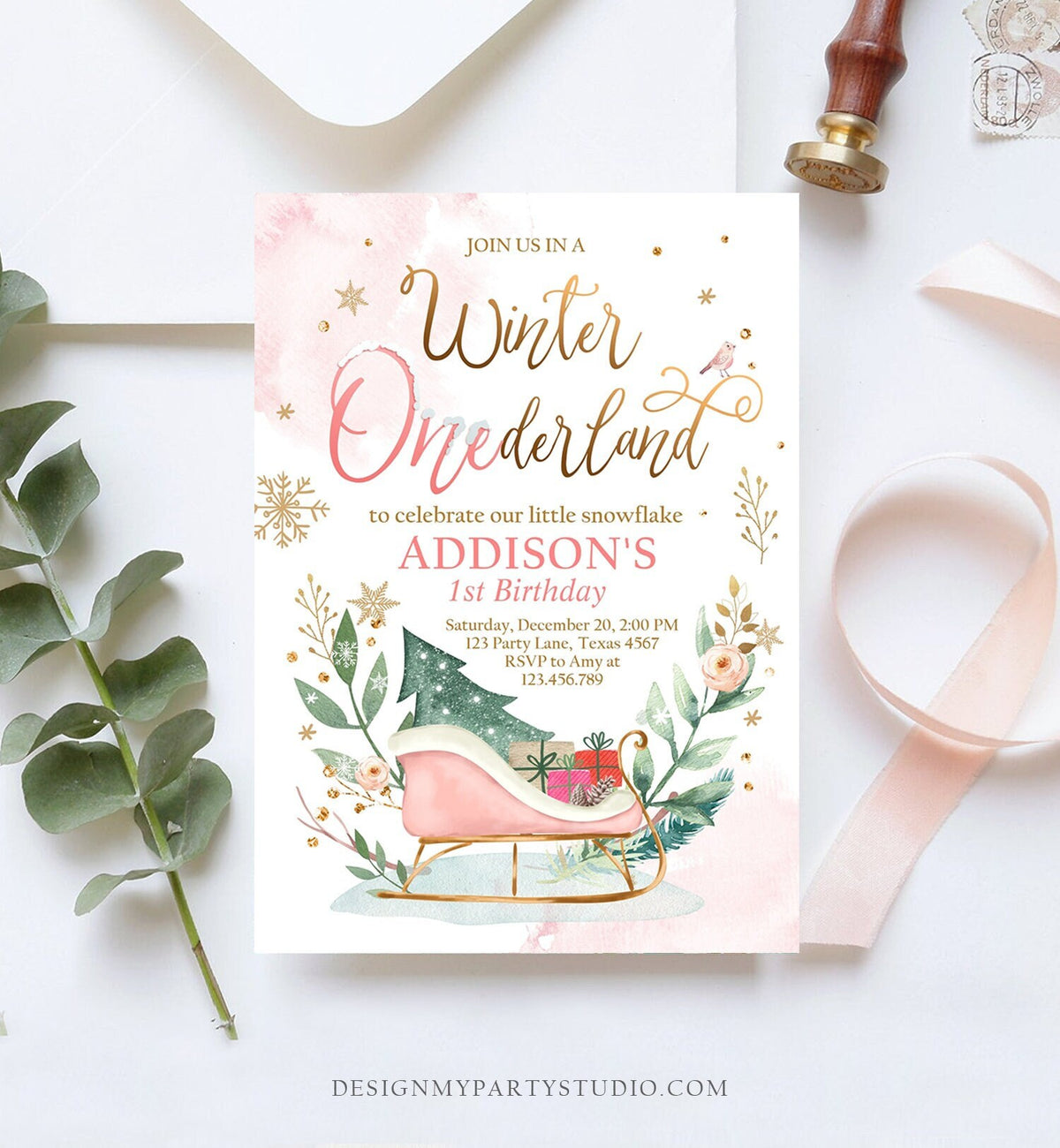 Editable Winter Onederland Invitation 1st Birthday Girl Blush Pink Gold Christmas Sleigh Little Snowflake Floral Printable Template DIY 0353