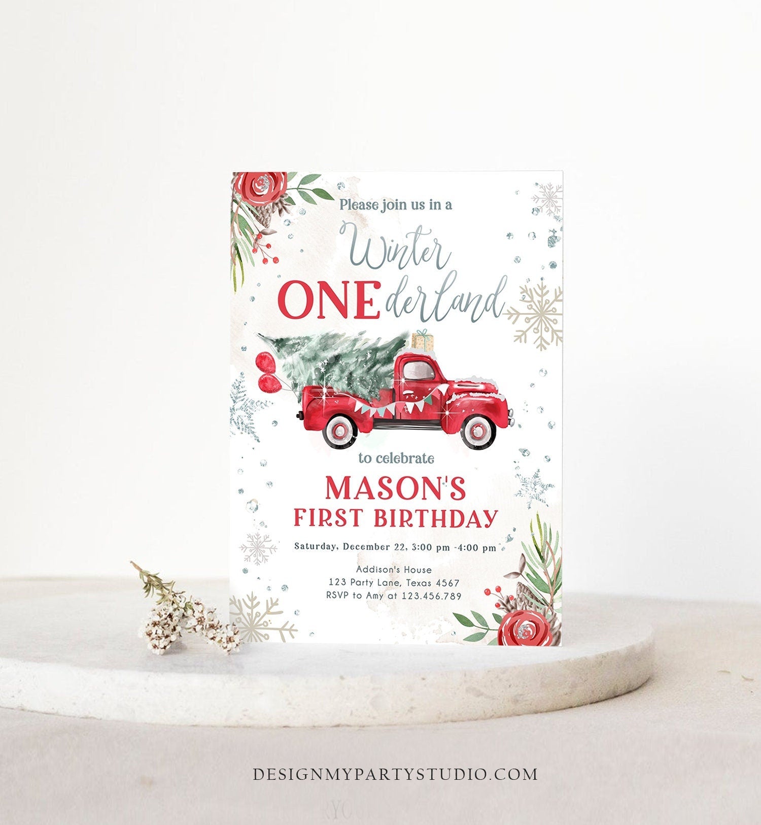 Editable Winter Onederland Winter First Birthday Invitation 1st Winter Red Boy Silver Floral Truck Christmas Printable Template DIY 0356