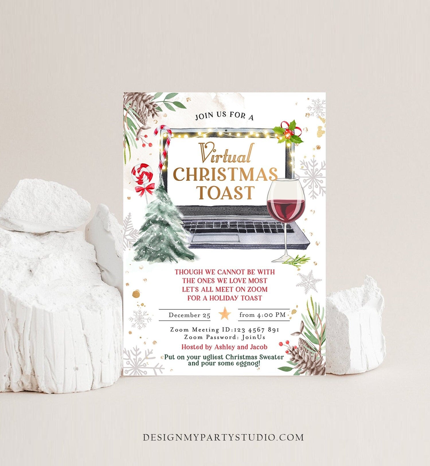 Editable Virtual Christmas Toast Invitation Christmas Party Zoom Invite Quarantine Social Distancing Laptop Printable Template Corjl 0356