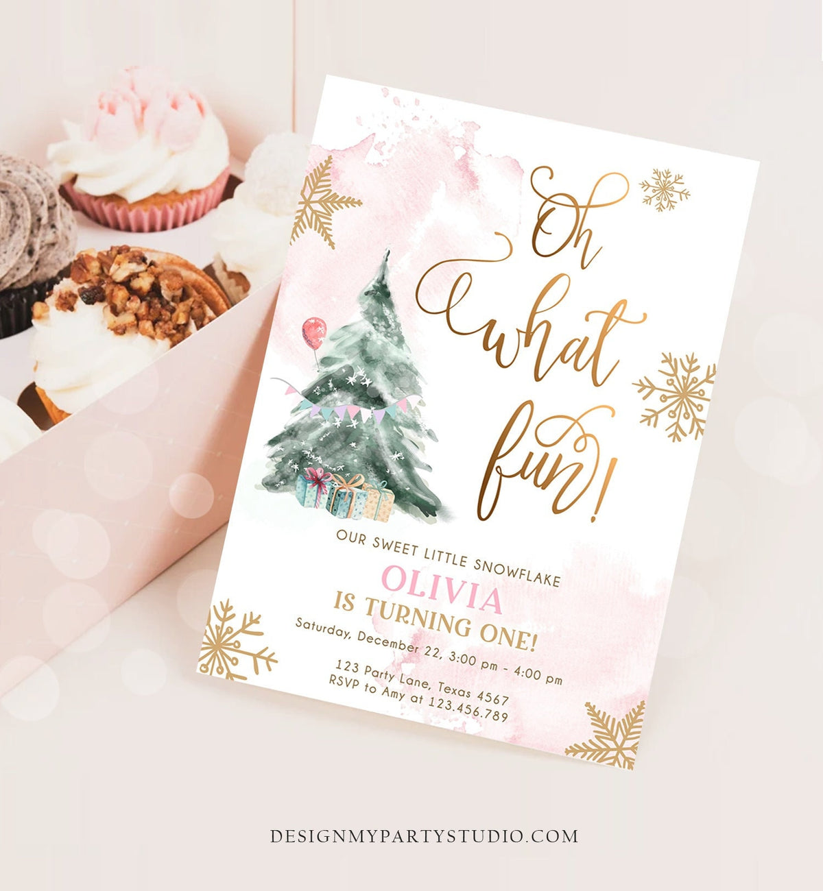 Editable Oh What Fun! Holiday 1st Winter Birthday Invitation Winter Christmas Party Winter Tree Girl Pink Gold Printable Template DIY 0363