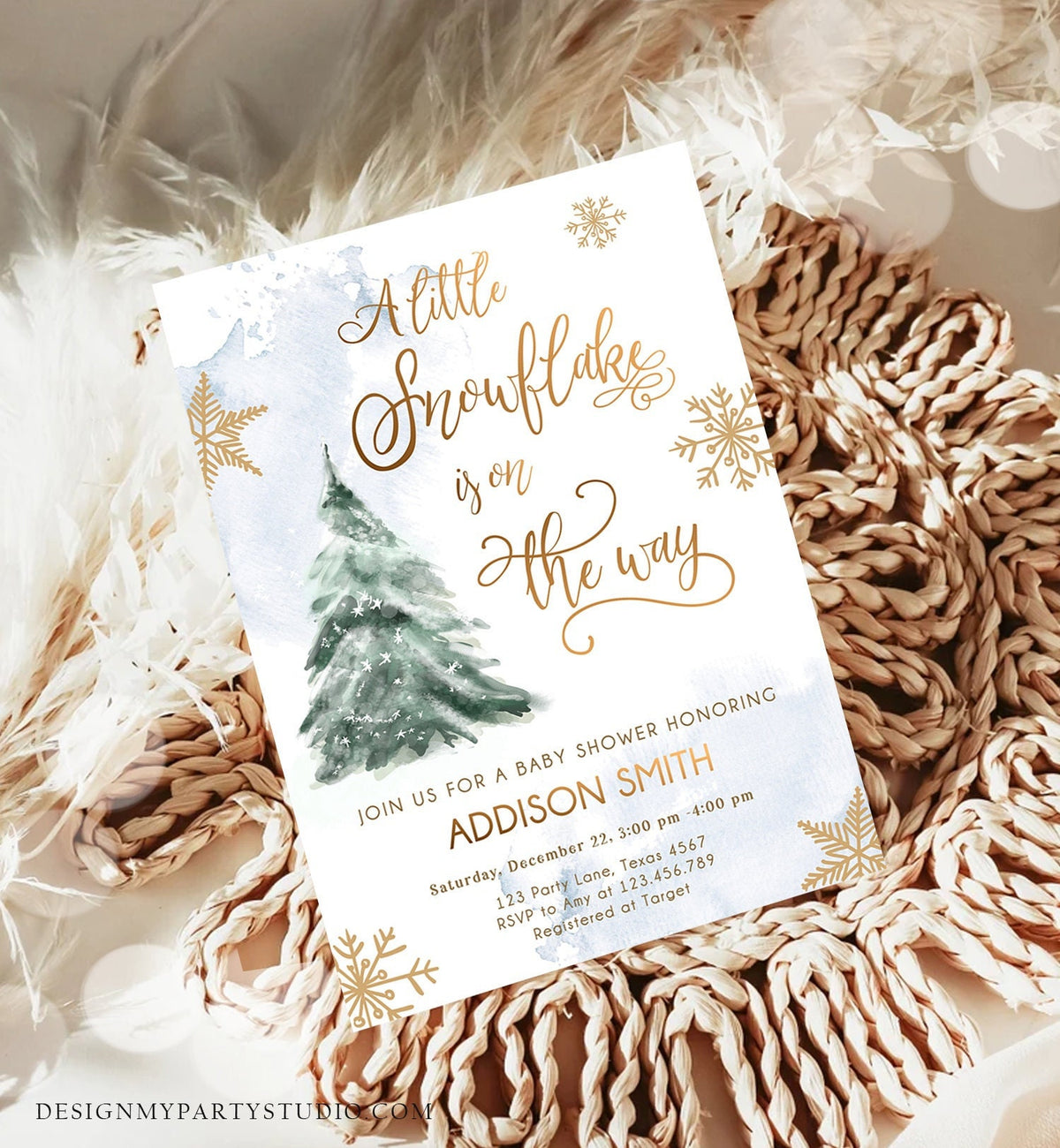 Editable Little Snowflake on The Way Baby Shower Invitation Winter Baby Shower Baby Its Cold Outside Watercolor Template Download Corjl 0363