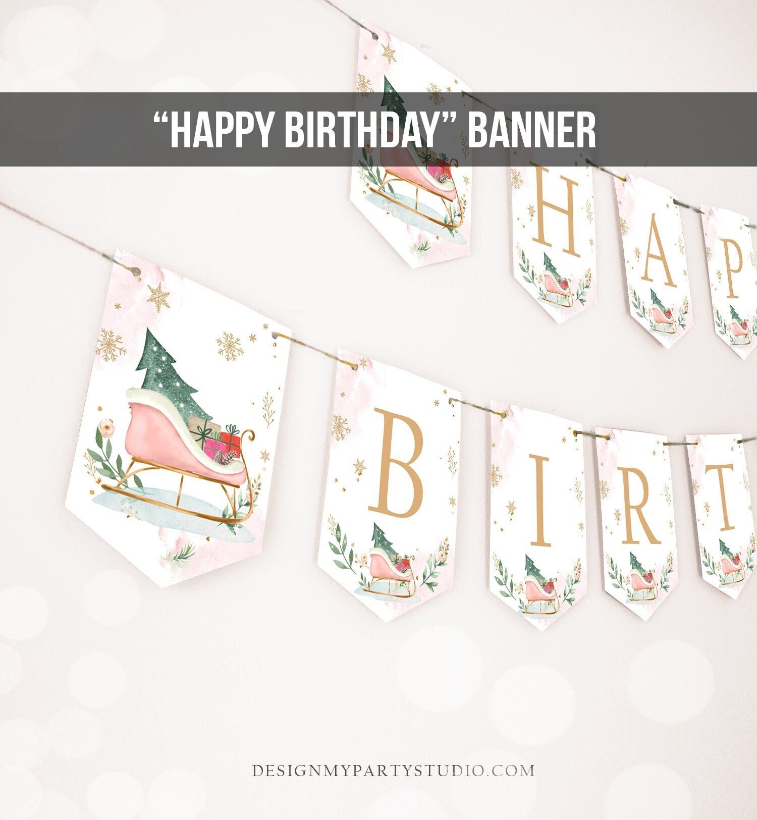 Happy Birthday Banner Winter Birthday Girl Winter Onederland Decorations Magical Winter Christmas Sleigh Download PRINTABLE DIGITAL DIY 0353