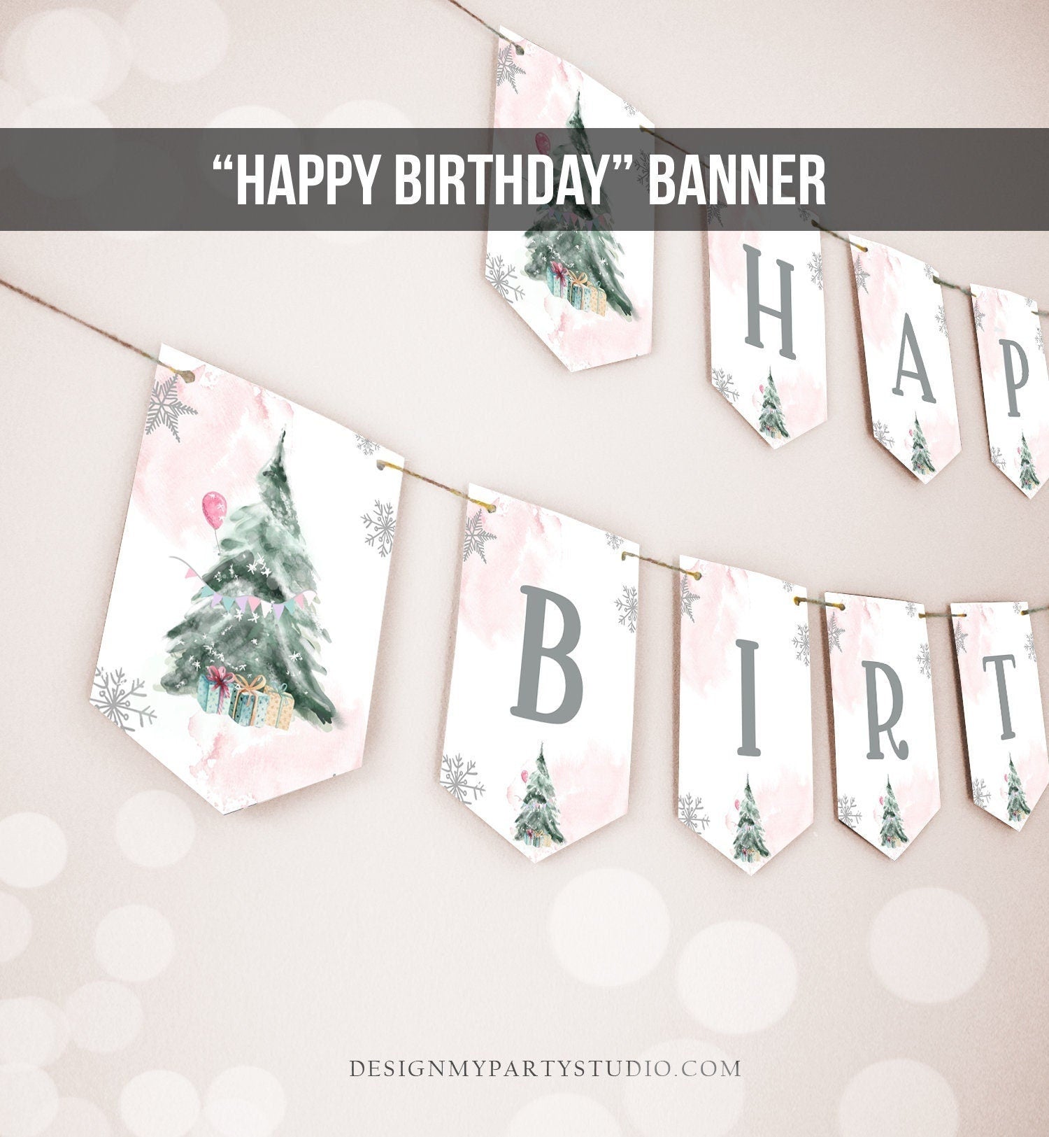 Happy Birthday Banner Winter Birthday Girl Winter Onederland Decorations Christmas Tree Watercolor Pink Download PRINTABLE DIGITAL DIY 0363