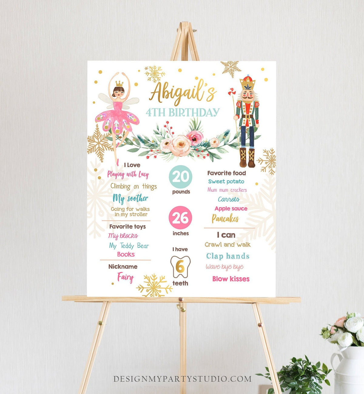 Editable Nutcracker Birthday Milestones Sign Girl First Birthday 1st Birthday Land of Sweets Milestone Board Corjl Template Printable 0352