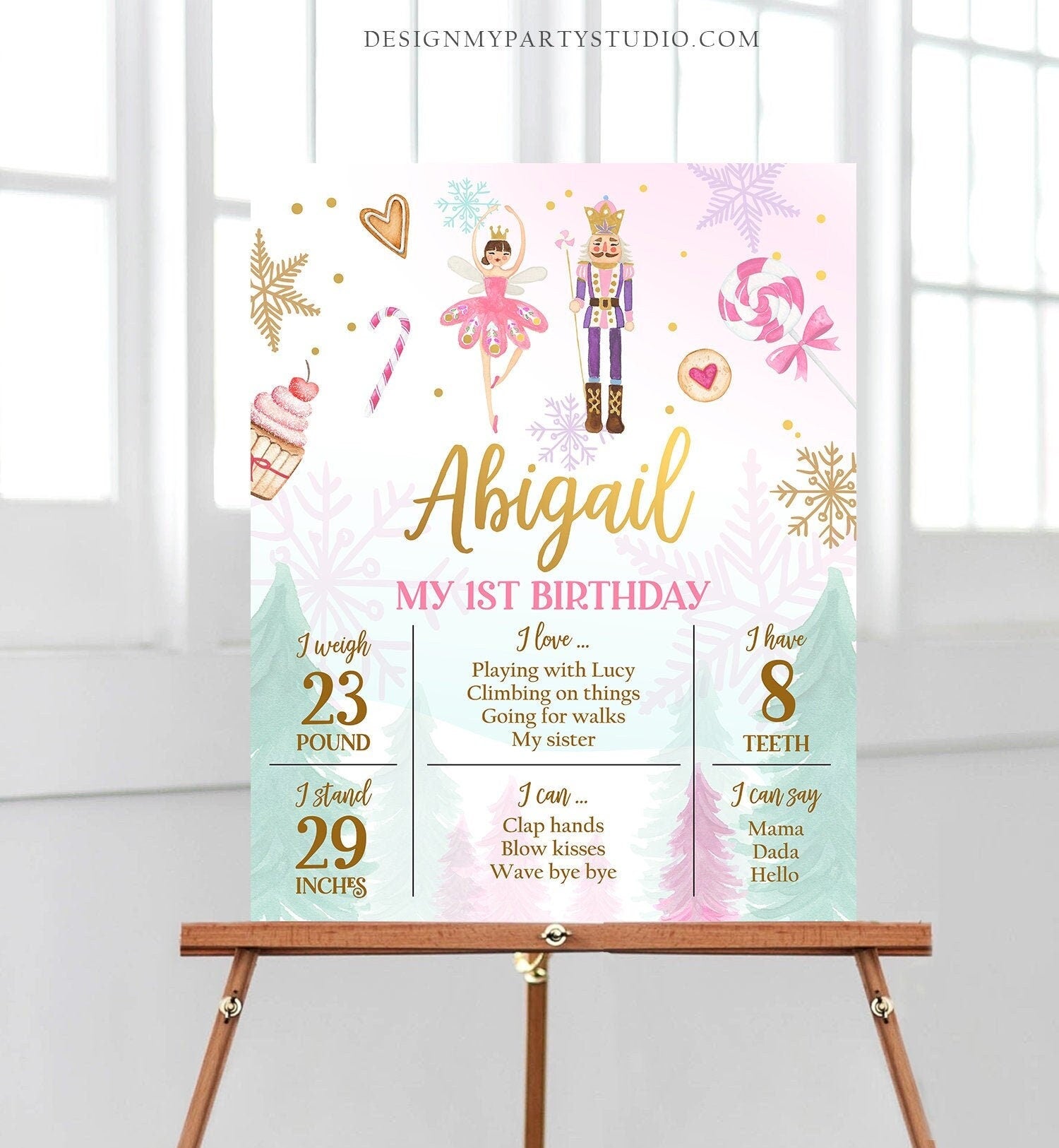 Editable Nutcracker Birthday Milestones Sign Girl First Birthday 1st Birthday Land of Sweets Milestone Board Corjl Template Printable 0352