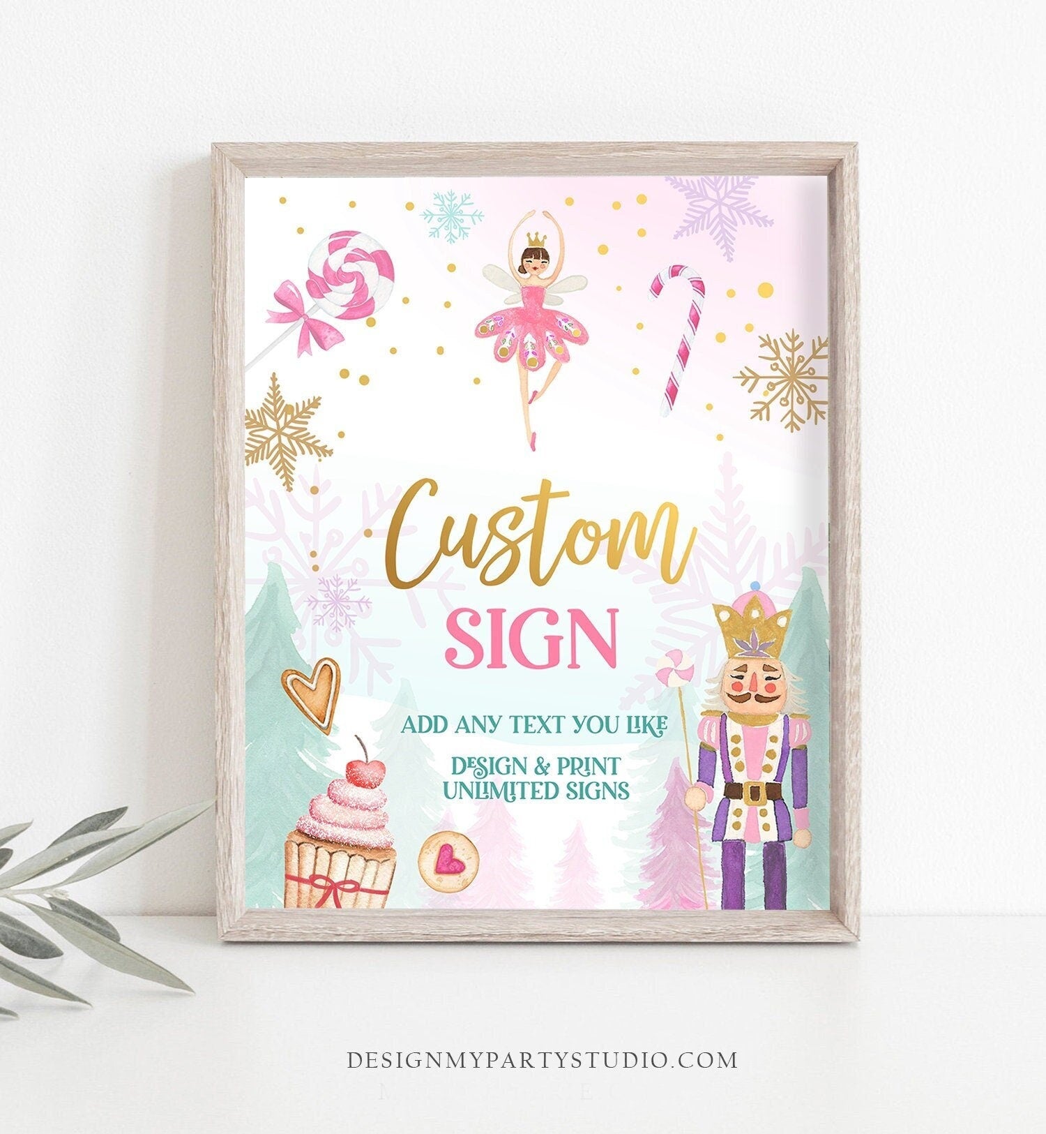 Editable Custom Sign Nutcracker Birthday Decor Land of Sweets Party Sign Sugar Plum Fairy Girl Pink Table Sign Corjl Template PRINTABLE 0352