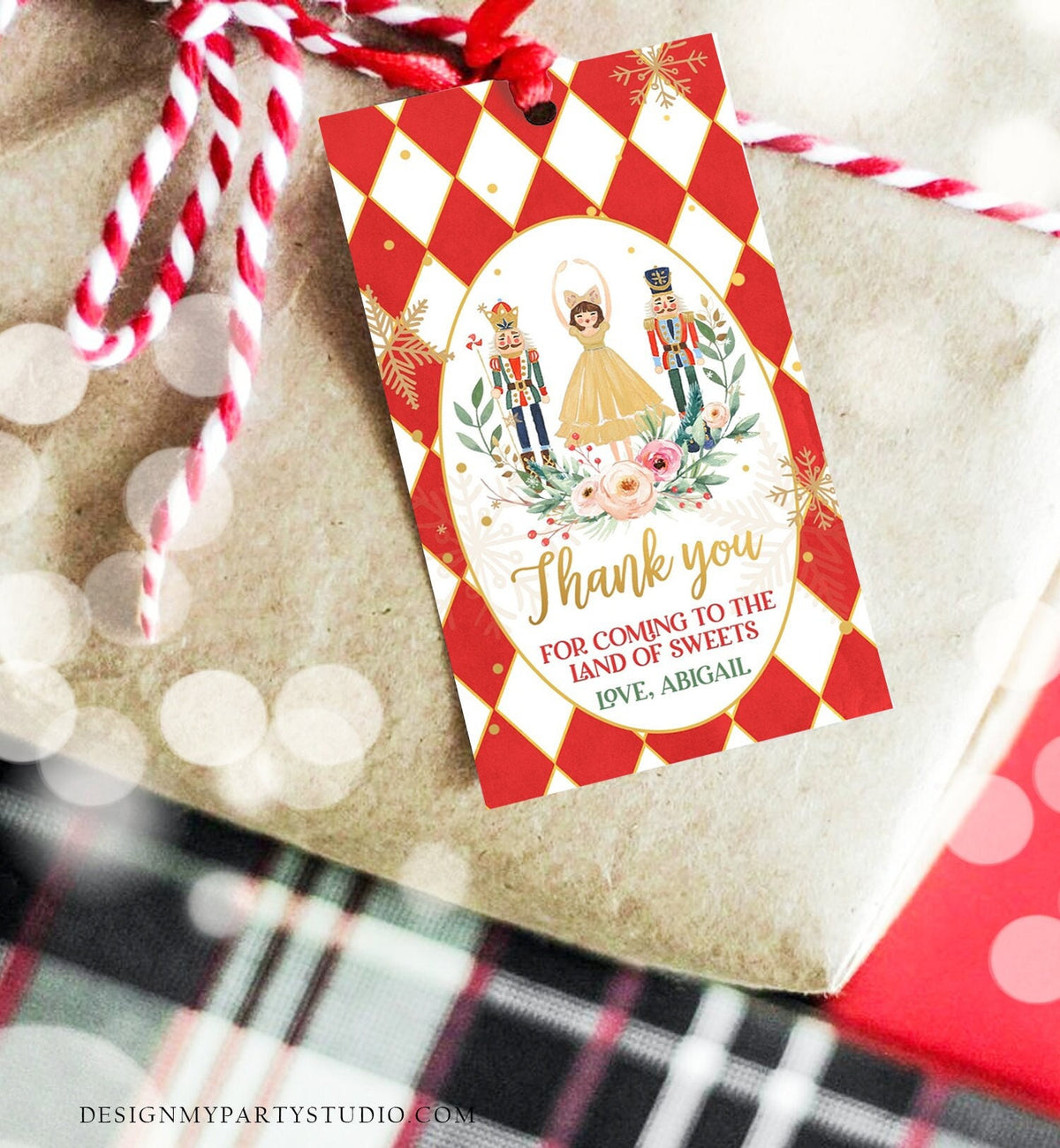 Editable Nutcracker Favor Tag Nutcracker Birthday Land of Sweets Thank You Tag Sugar Plum Fairy Merry Christmas Red Gold Girl Corjl 0352