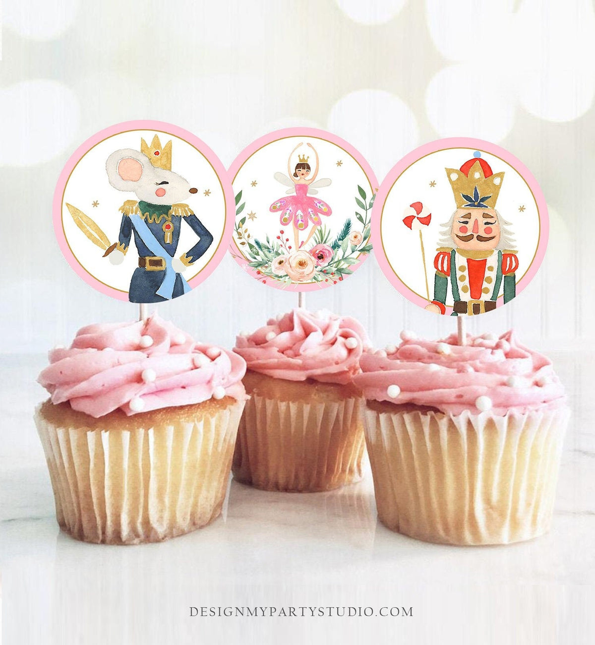 Nutcracker Cupcake Toppers Nutcracker Birthday Party Decorations Sugar Plum Fairy Girl Pink Stickers Tags download Digital PRINTABLE 0352