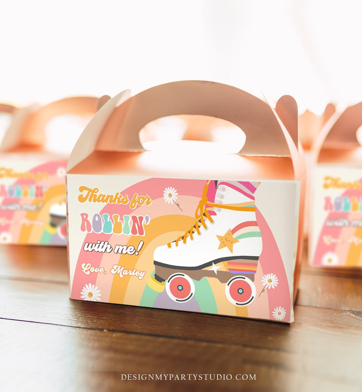 Editable Retro Skate Birthday Party Gable Box Favor Label 70&#39;s Gift Box Labels Skating Party Rolling Roller Download Printable Corjl 0435