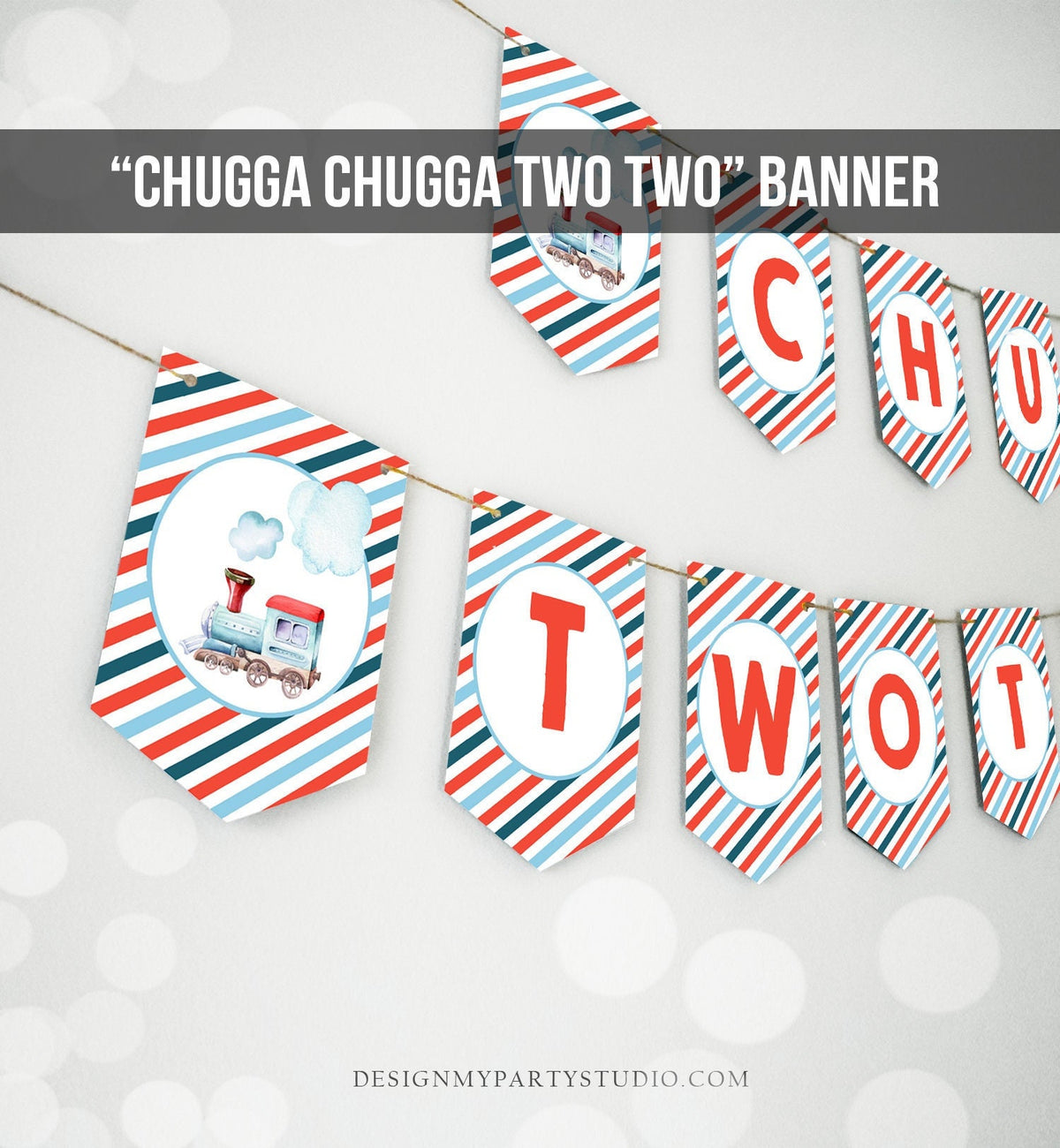 Train Birthday Banner Chugga Chugga Two Two Party Banner Birthday Boy Blue Red Train Decorations Instant download PRINTABLE DIGITAL DIY 0149