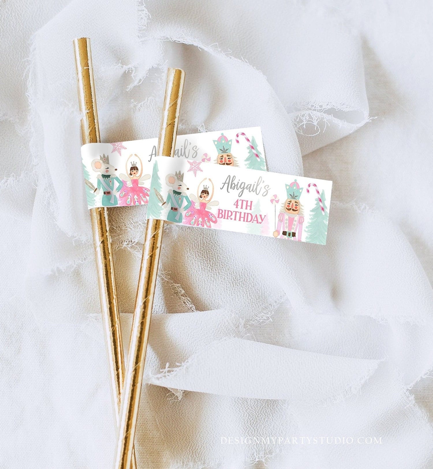 Editable Nutcracker Straw Tag Nutcracker Birthday Land of Sweets Mini Flag Sugar Plum Fairy Christmas Decor Winter Pink Gold Girl Corjl 0352