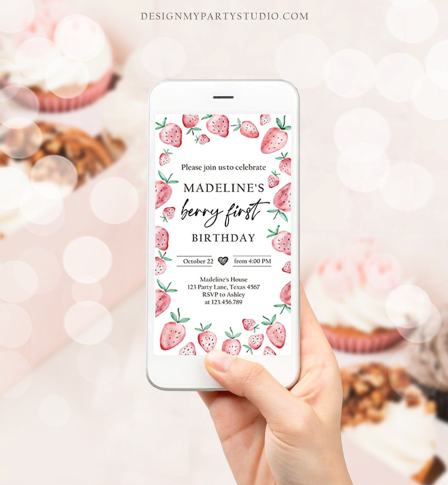 Editable Berry First Birthday Evite Electronic Strawberry Birthday Berry Sweet Strawberries 1st Digital Phone Template Corjl Digital 0399