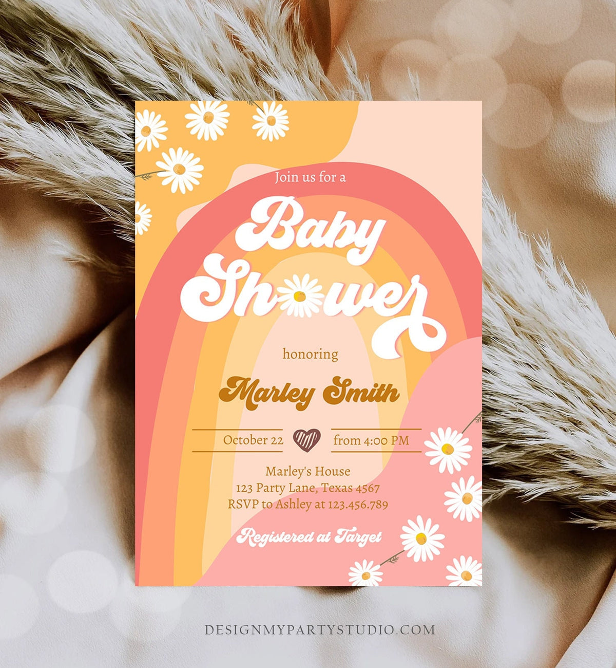 Editable Retro Baby Shower Invitation Boho Daisy Rainbow Flower Power 70&#39;s Hippie Bohemian Download Printable Template Corjl Digital 0428