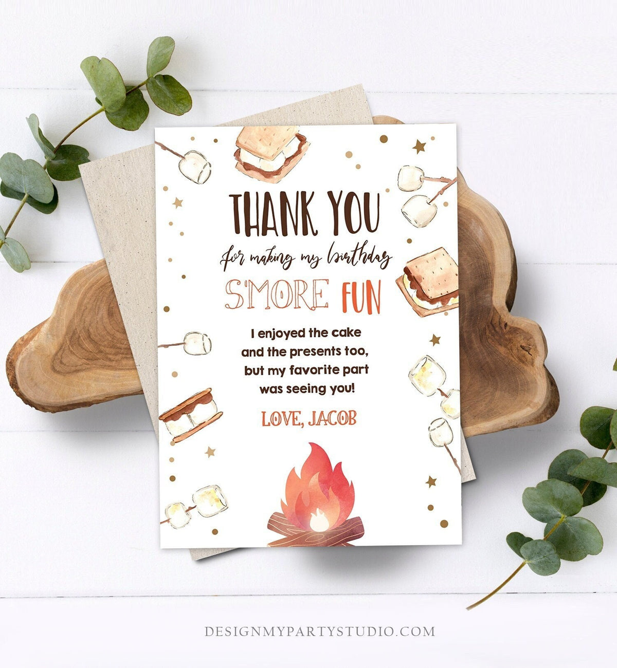 Editable S&#39;more Birthday Thank you Card Smore Fun With You Thank You Rustic Camping Fall Autumn Template Instant Download Corjl 0179