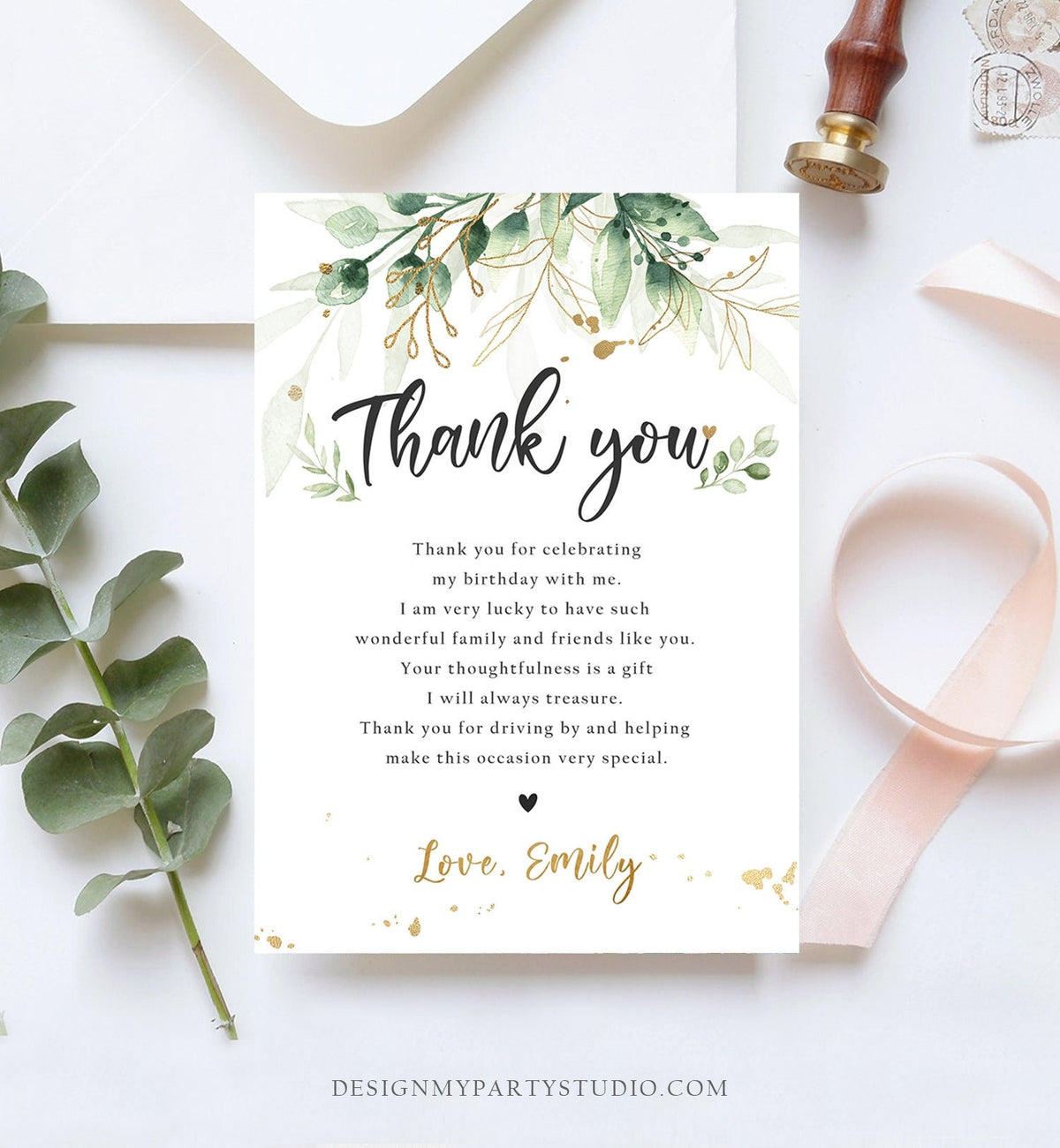 Editable Gold Leaves Baby Shower Thank You Card Drive By Through Social Distancing Birthday Wedding Floral Greenery Corjl Template 0168