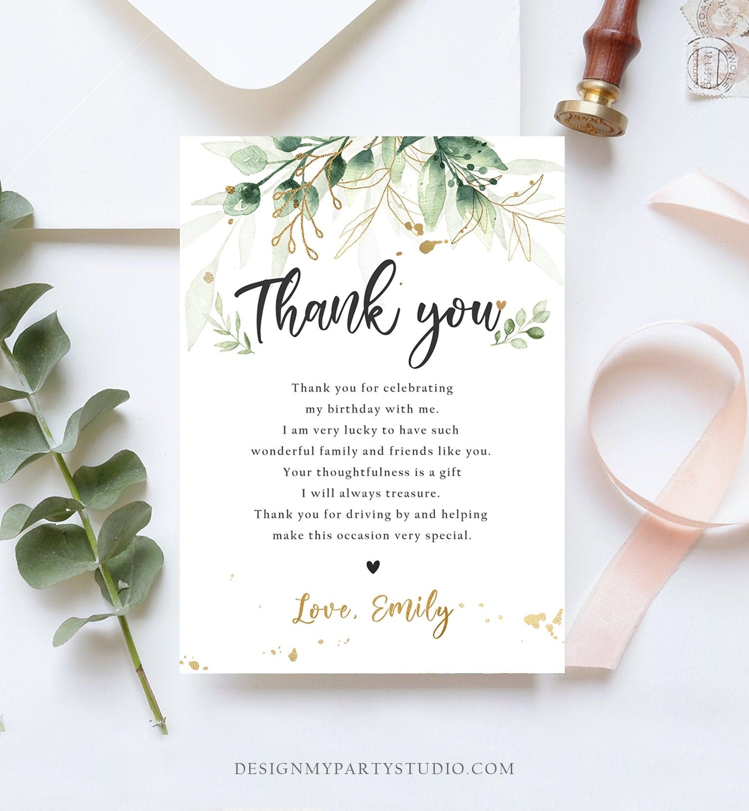 Editable Gold Leaves Baby Shower Thank You Card Drive By Through Social Distancing Birthday Wedding Floral Greenery Corjl Template 0168