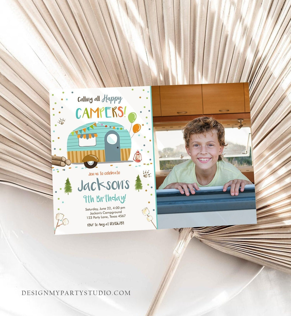 Editable Happy Camper Birthday Invitation Boy Blue Camping Party Pink Camper Glamping Download Printable Template Digital Corjl 0342