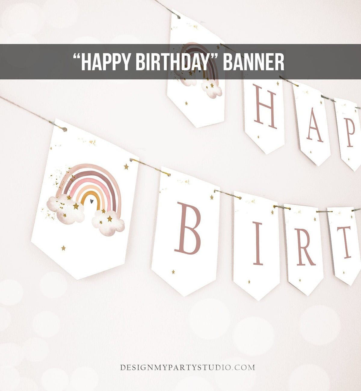 Happy Birthday Banner Rainbow Banner Girl Rainbow First Birthday Decorations Rainbow Boho Pastel Instant download PRINTABLE DIGITAL DIY 0387