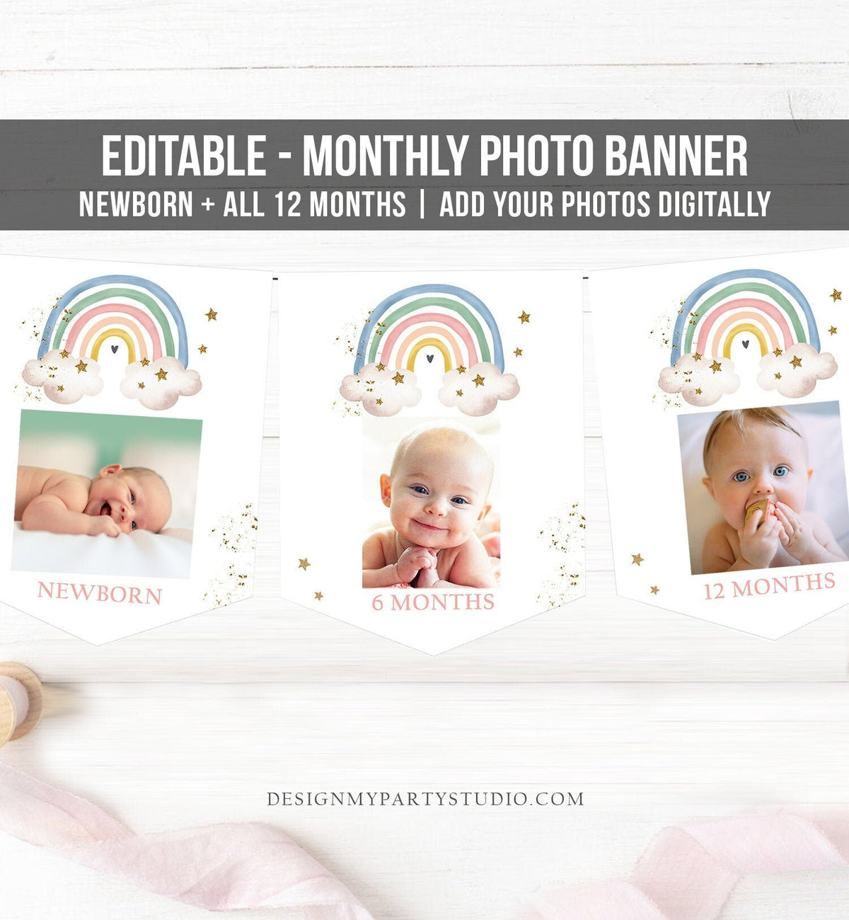 Editable Rainbow First Birthday Banner Monthly Photo Banner Boho Rainbow Birthday Decor Watercolor Pastel Download PRINTABLE Corjl 0387