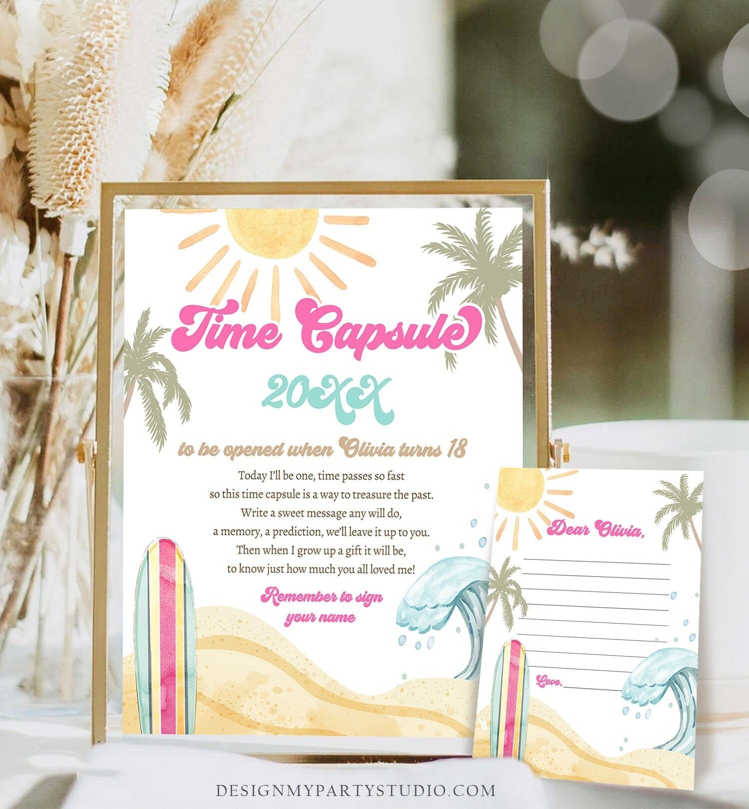 Editable Time Capsule Surf First Birthday Party Surfing Decorations The Big One Girl 1st Beach Wave Retro Template Printable Corjl 0433