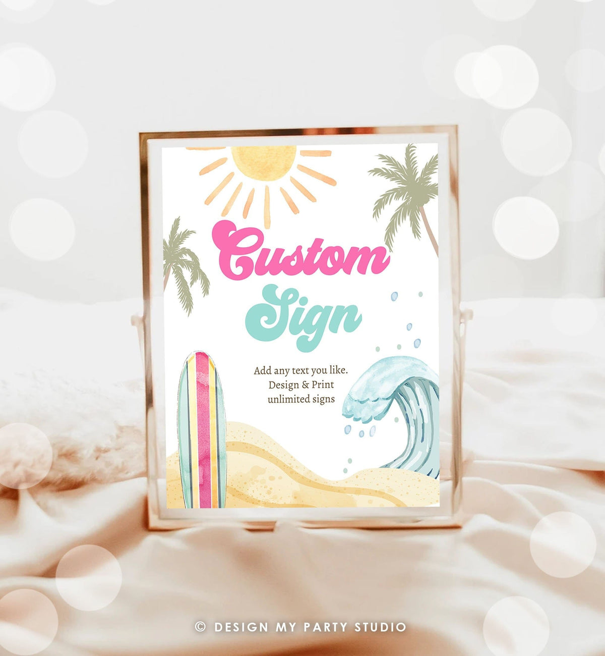 Editable Custom Sign Surf Birthday Party Sign Girl The Big One Surfing Birthday Sign Beach Party Retro Wave Template Corjl PRINTABLE 0433