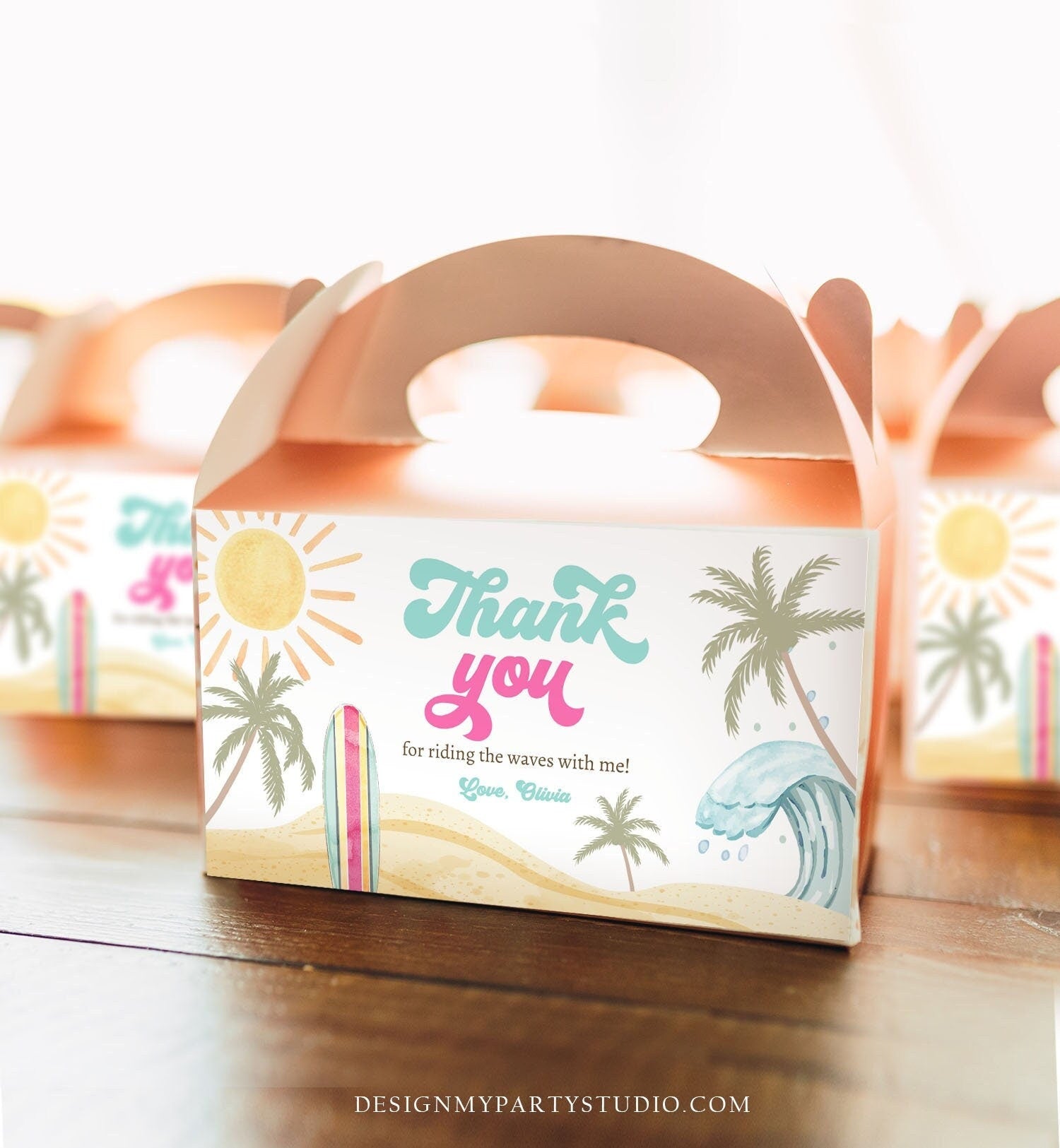 Editable Surf Gable Box Favor Label Surf Birthday Favor Box Label GirlThe Big One Retro Surfboard 1st Digital Download Printable Corjl 0433