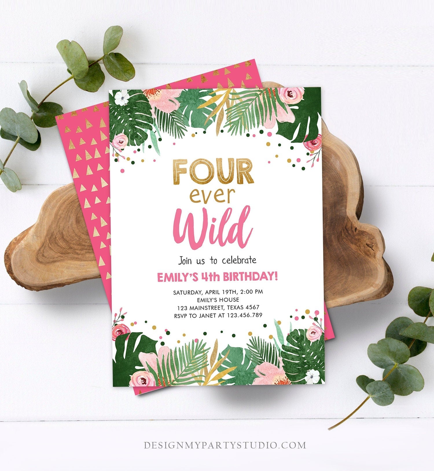 Editable Fourever Wild Birthday Invitation Tropical Safari Zoo Jungle Pink Gold Girl Fourth Birthday 4th Four Ever Wild Corjl Template 0332