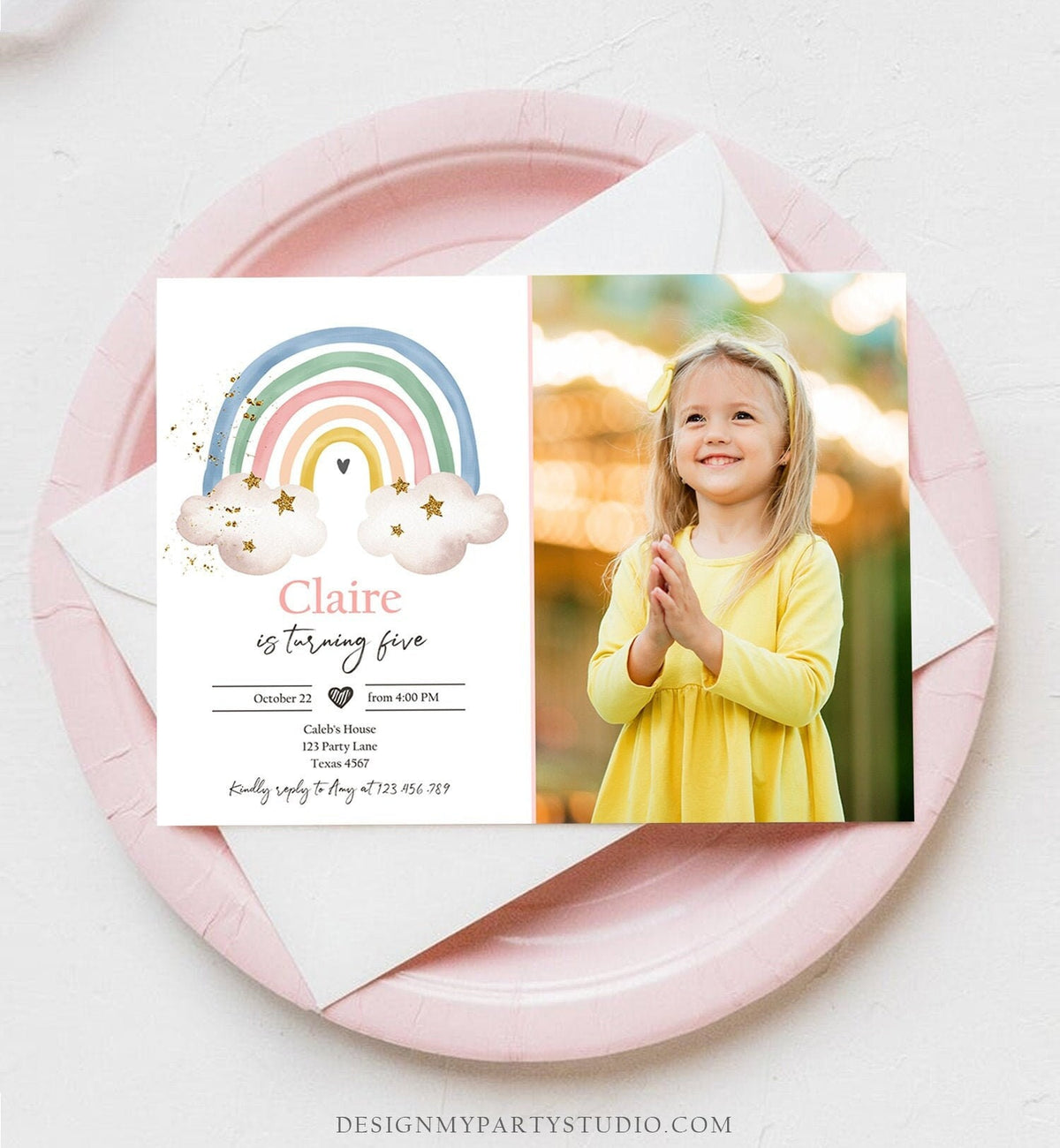 Editable Rainbow Birthday Invitation Pastel Rainbow Invite Girl Over The Rainbow Party Modern Boho Printable Download Corjl Template 0387