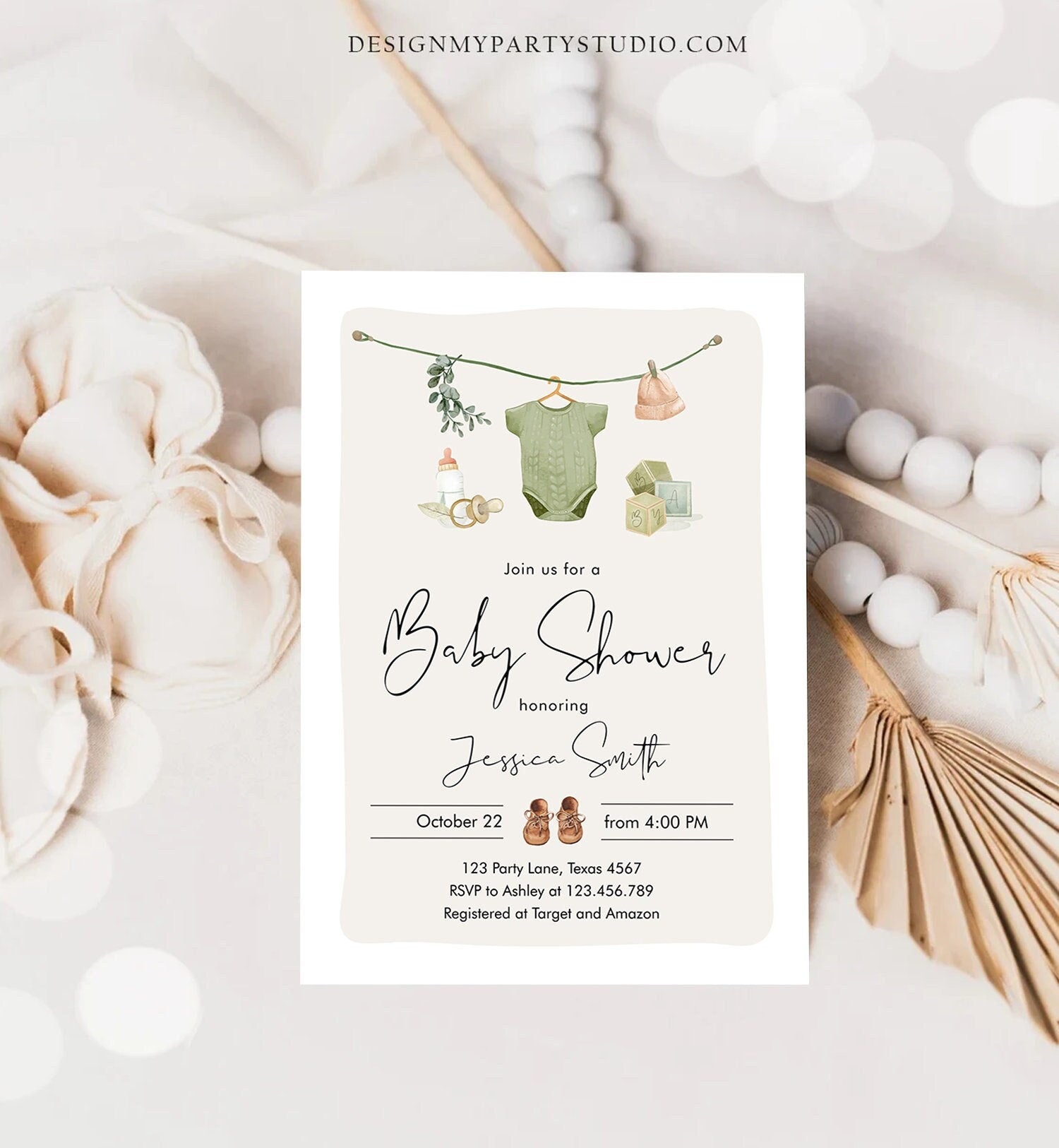 Editable Boy Baby Shower Invitation Boho Baby Shower Invitation Coed Shower Baby Clothes Rustic Download Printable Template Corjl 0470