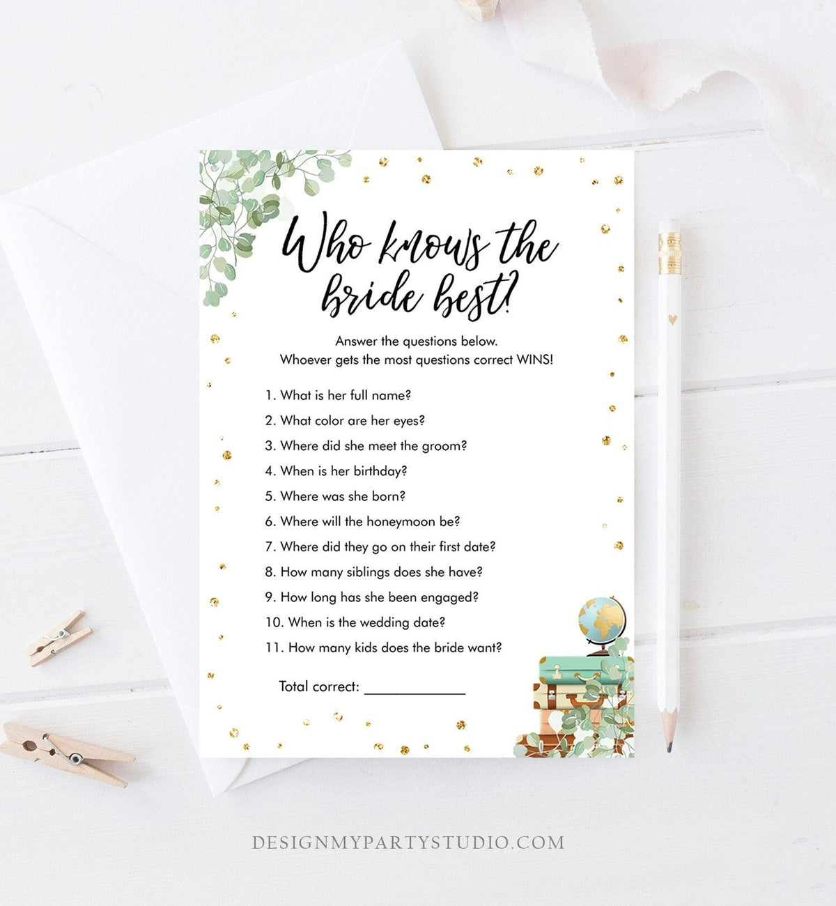 Editable Who Knows the Bride Best Bridal Shower Game Wedding Shower Activity Eucalyptus Gold Confetti Corjl Template Printable 0030