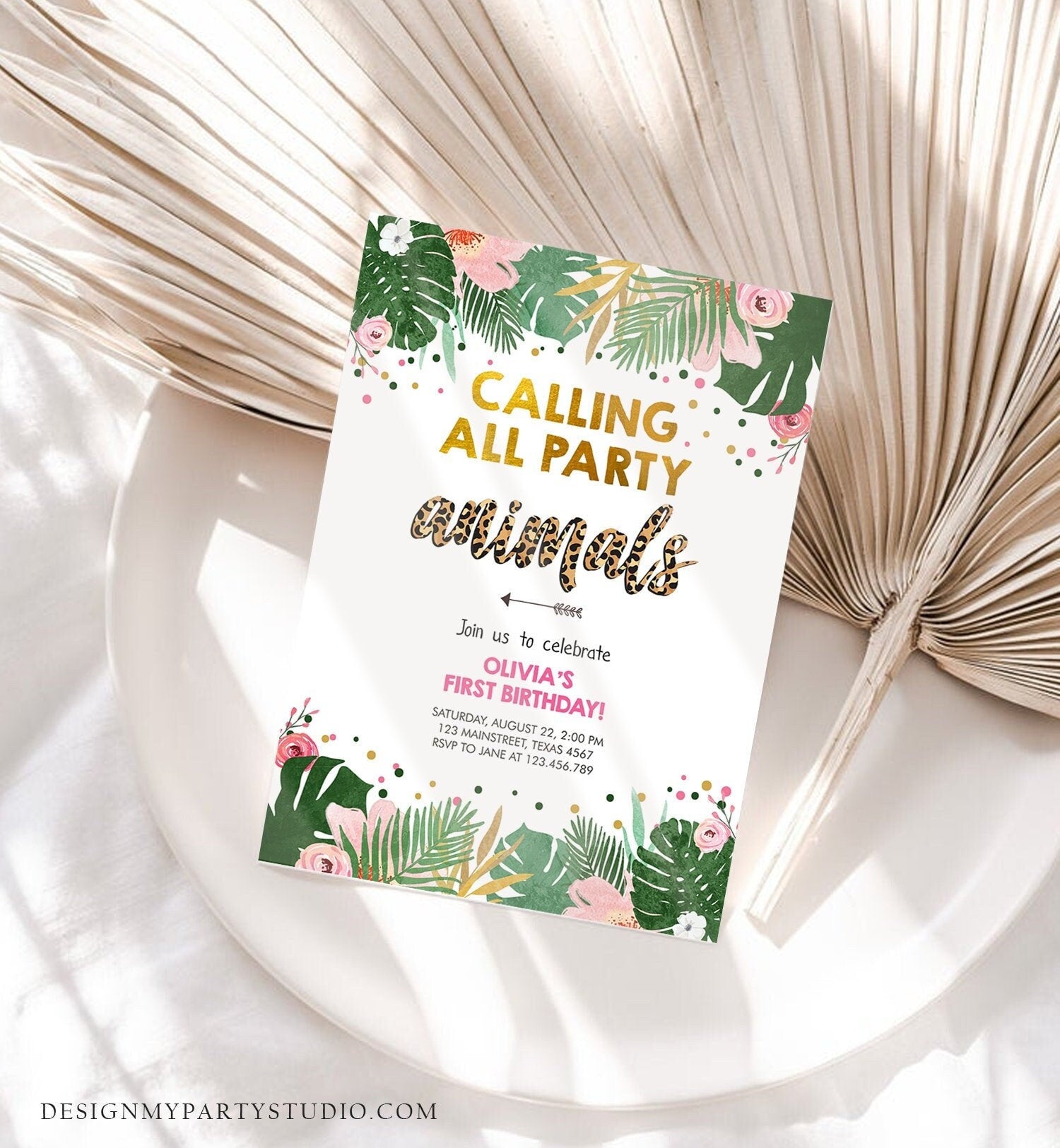 Editable Party Animals Birthday Invitation Girl Calling All Safari Pink Leopard Jungle Wild One Child Download Corjl Template Printable 0332