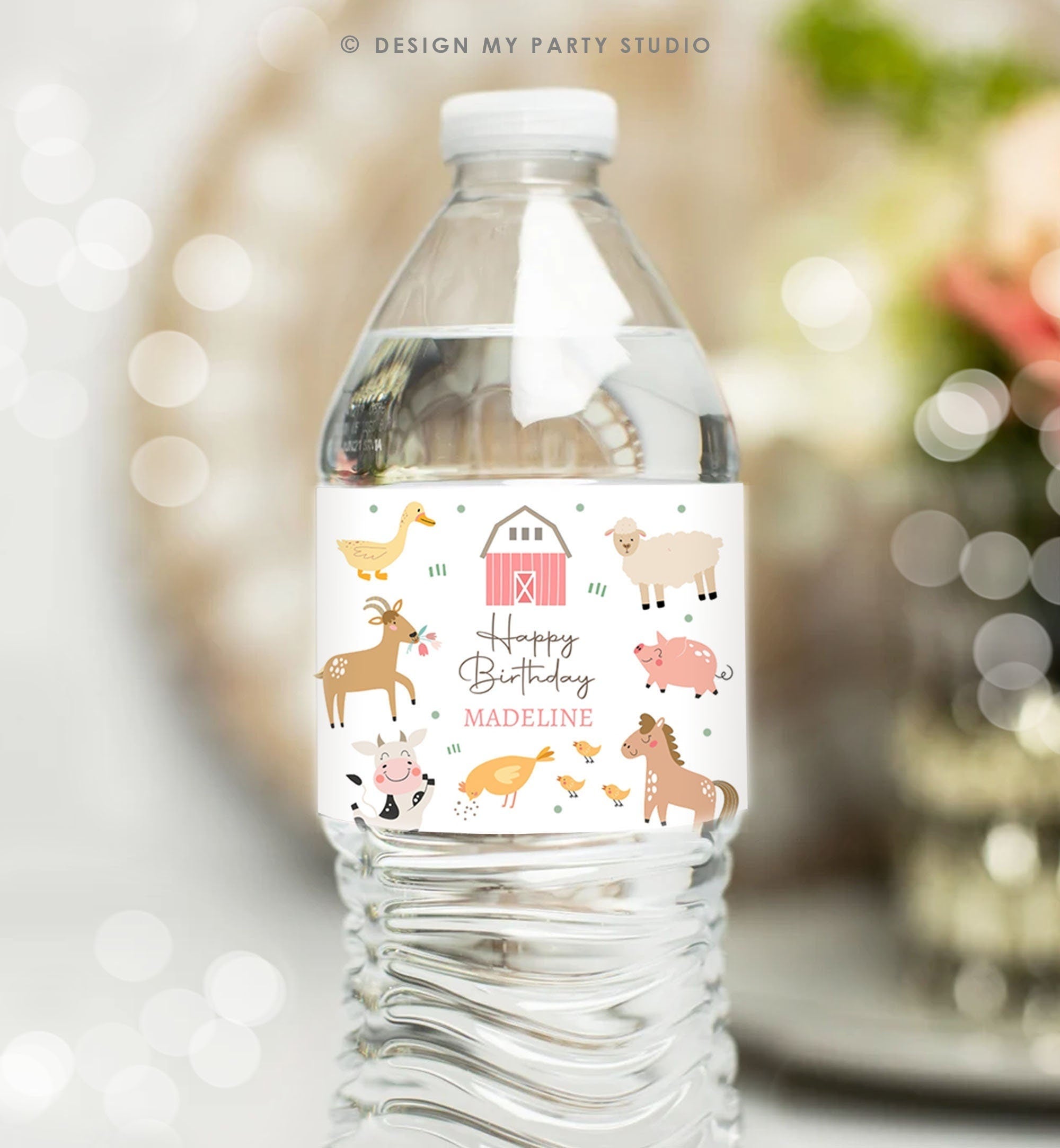 Editable Water Bottle Labels Farm Animals Girl Birthday Pink Barnyard Farm Birthday Decor Cow Printable Bottle Labels Template Corjl 0436