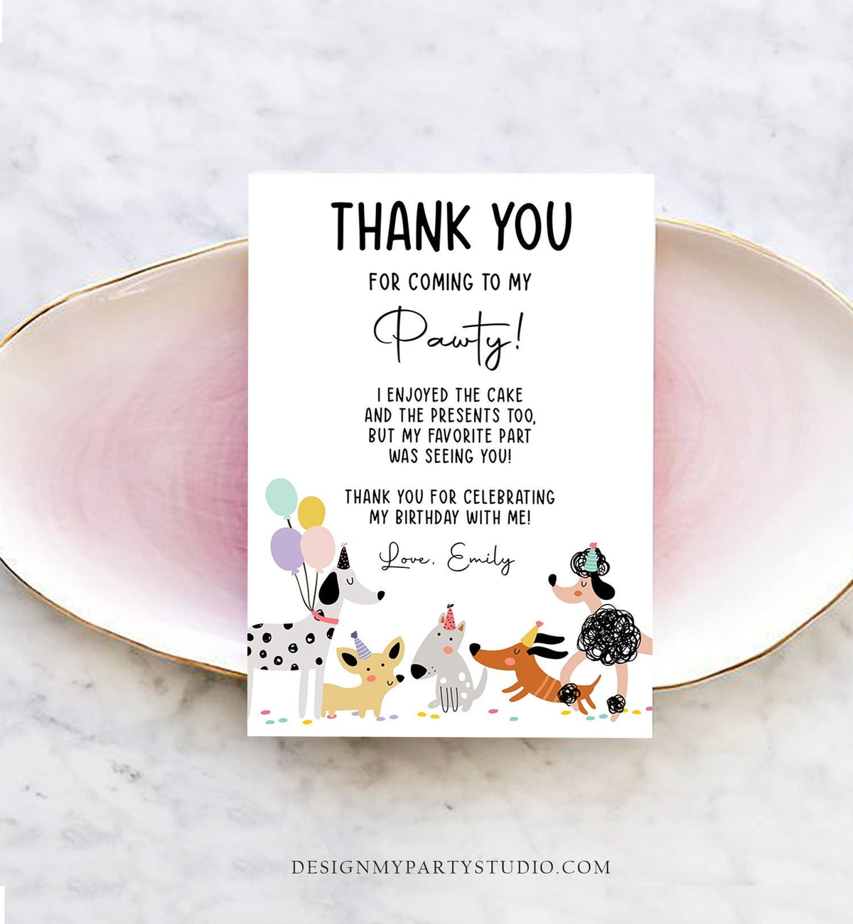 Editable Dog Birthday Thank You Card Puppy Birthday Invite Pink Girl Pawty Birthday Animal Pet Vet Download Printable Template Corjl 0429