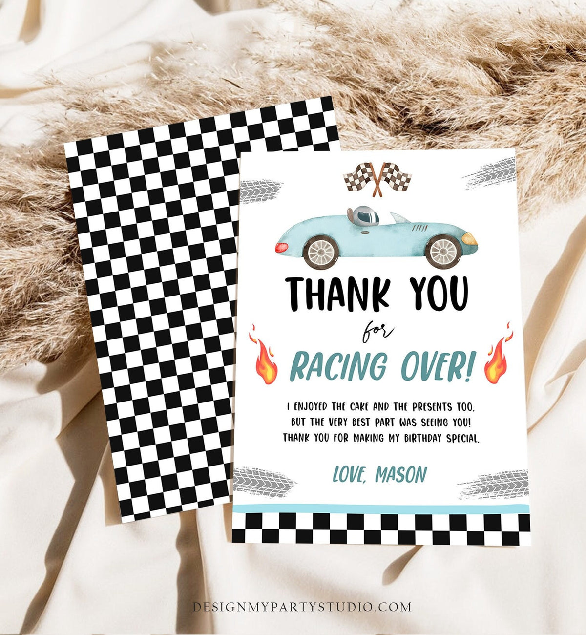 Editable Race Car Thank You Card Two Fast Birthday Boy Blue Racing Car Thank You Card Birthday Fast One Template Instant Download Corjl 0424