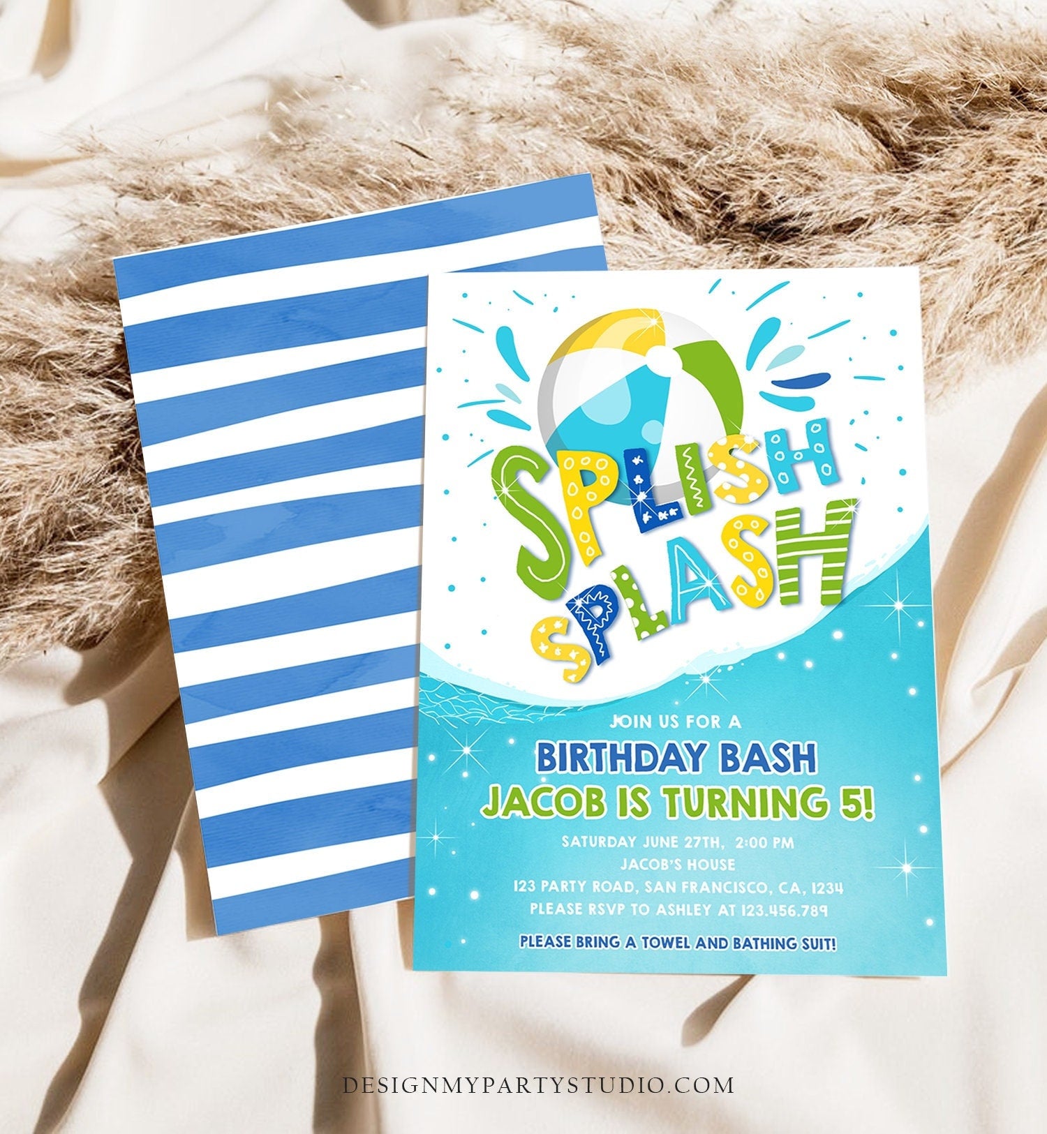 Editable Splish Splash Birthday Invitation Pool Party Boy Beach Ball Blue Green Birthday Bash Download Printable Invite Template Corjl 0169