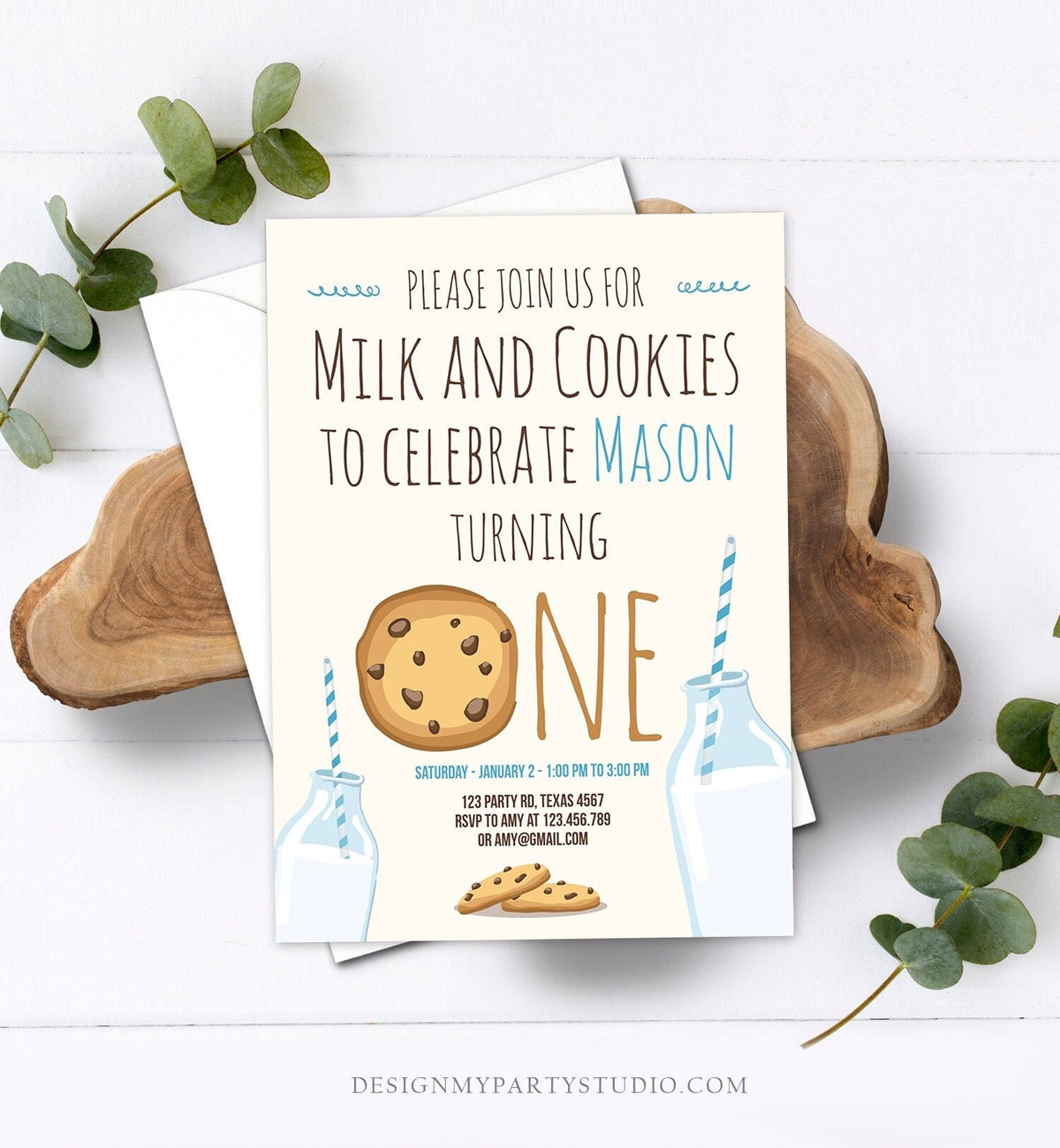 Editable Milk and Cookies Birthday Invitation Milk &amp; Cookies Party Boy Birthday Blue First Birthday Printable Invitation Template Corjl 0088