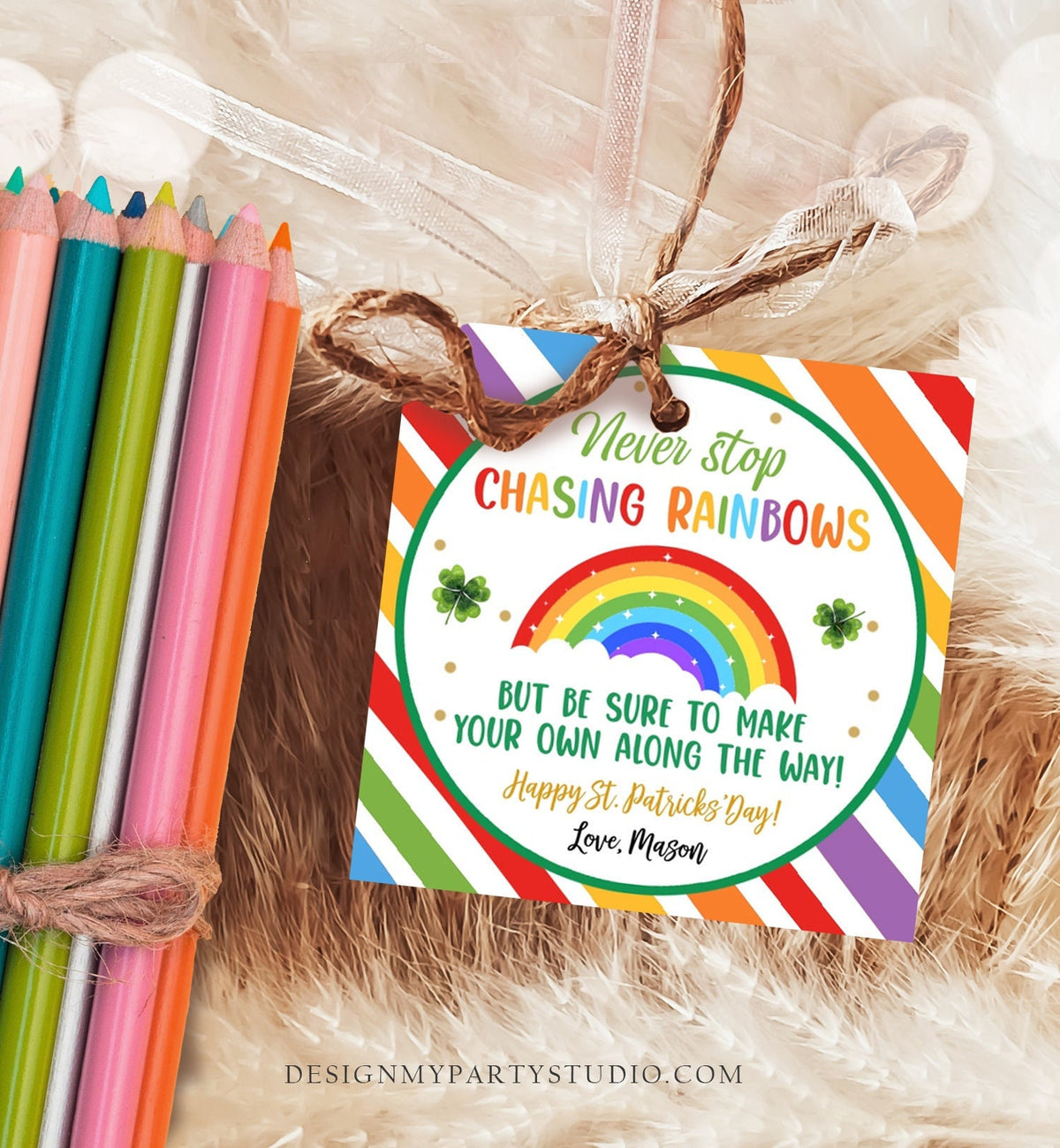 Editable Chasing Rainbows Tag St Patrick&#39;s Day Favor Tags Glassroom Gift Kids Crayons Pot of Gold Shamrock Leprechaun Template Corjl 0451