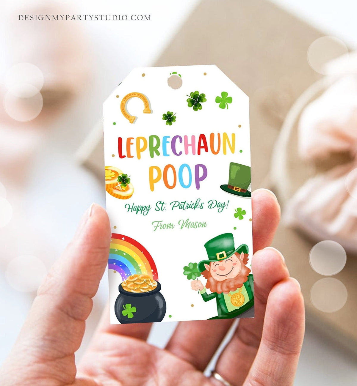 Editable St. Patrick&#39;s Day Tag Leprechaun Poop Tag Lucky Teacher School Kids Classroom Rainbow Gold Shamrock Digital Template Corjl 0451