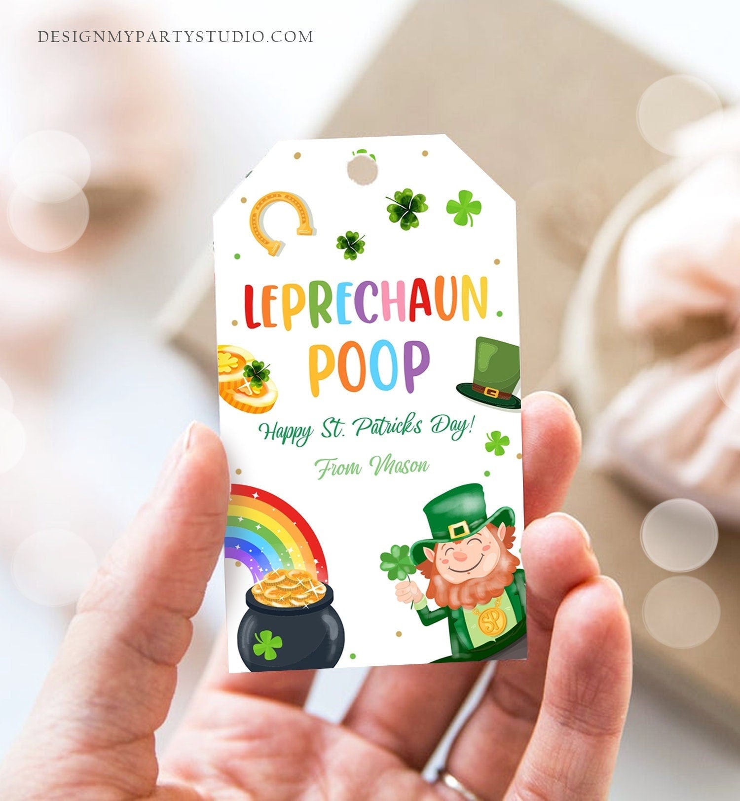 Editable St. Patrick's Day Tag Leprechaun Poop Tag Lucky Teacher School Kids Classroom Rainbow Gold Shamrock Digital Template Corjl 0451