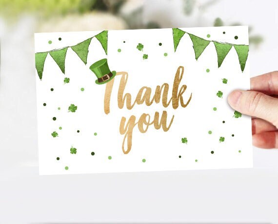 St Patricks Day Thank you Card St Patrick&#39;s Day Birthday Thank You Note Shamrock Green Gold Lucky One Birthday 4x6&quot; Instant Download 0115