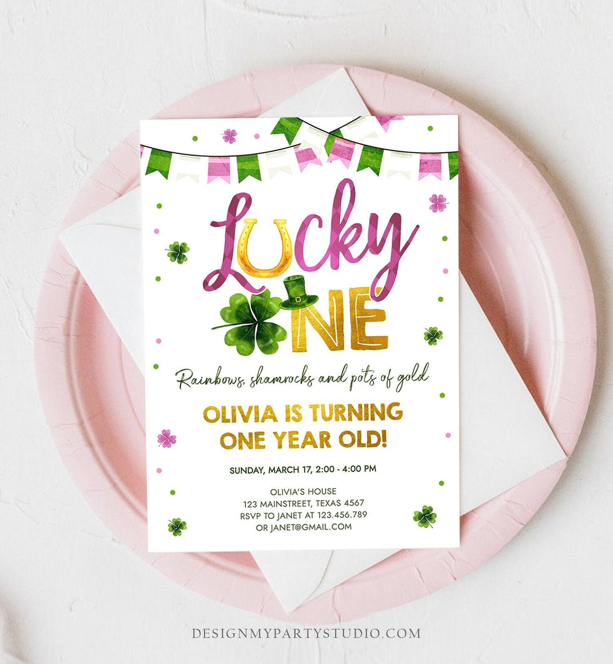 Editable Lucky One Birthday Invitation St. Patrick&#39;s Day First Birthday 1st Girl Pink Shamrock Clover Download Corjl Template Printable 0379